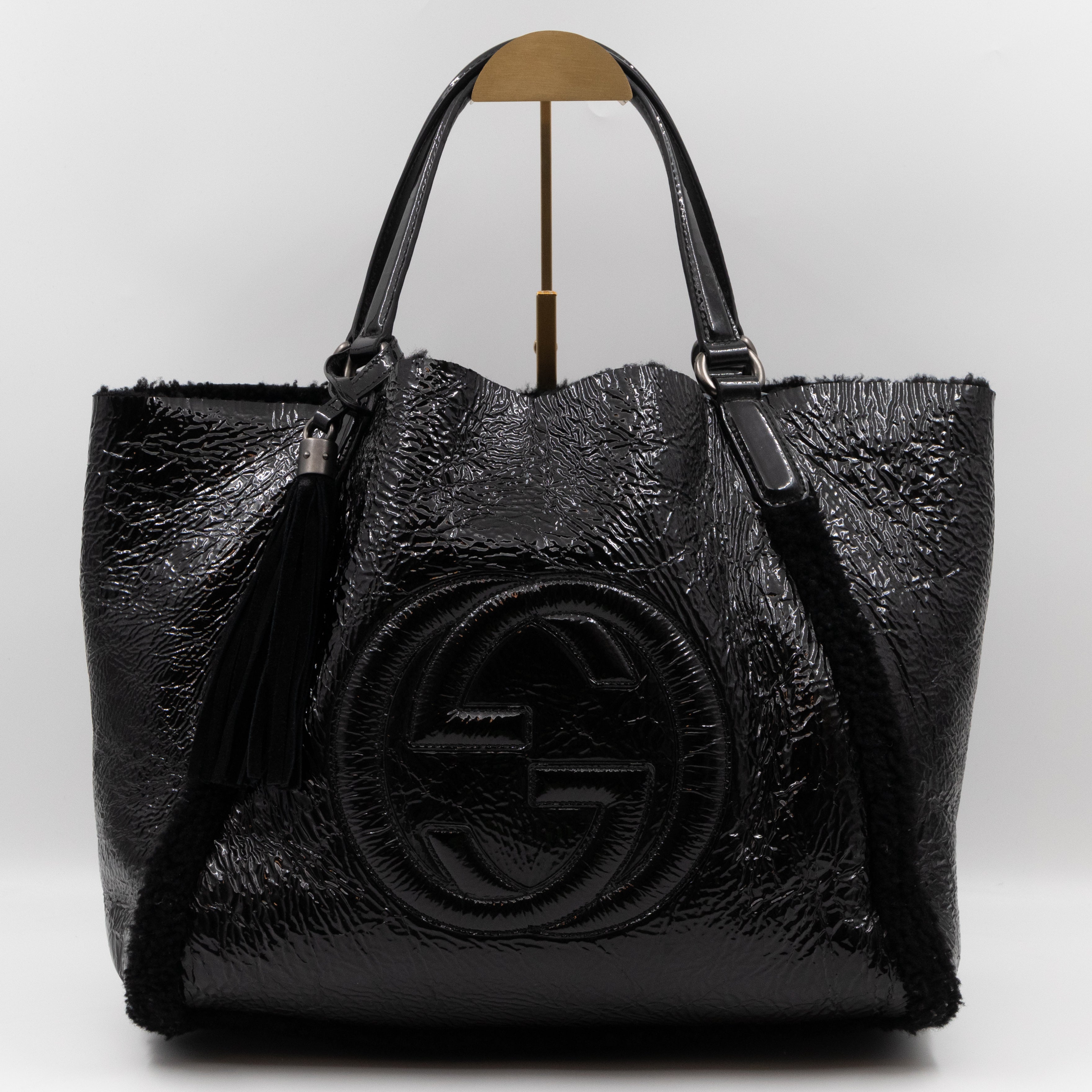 Soho Tote Wool Shearling Crushed Black Patent Leather