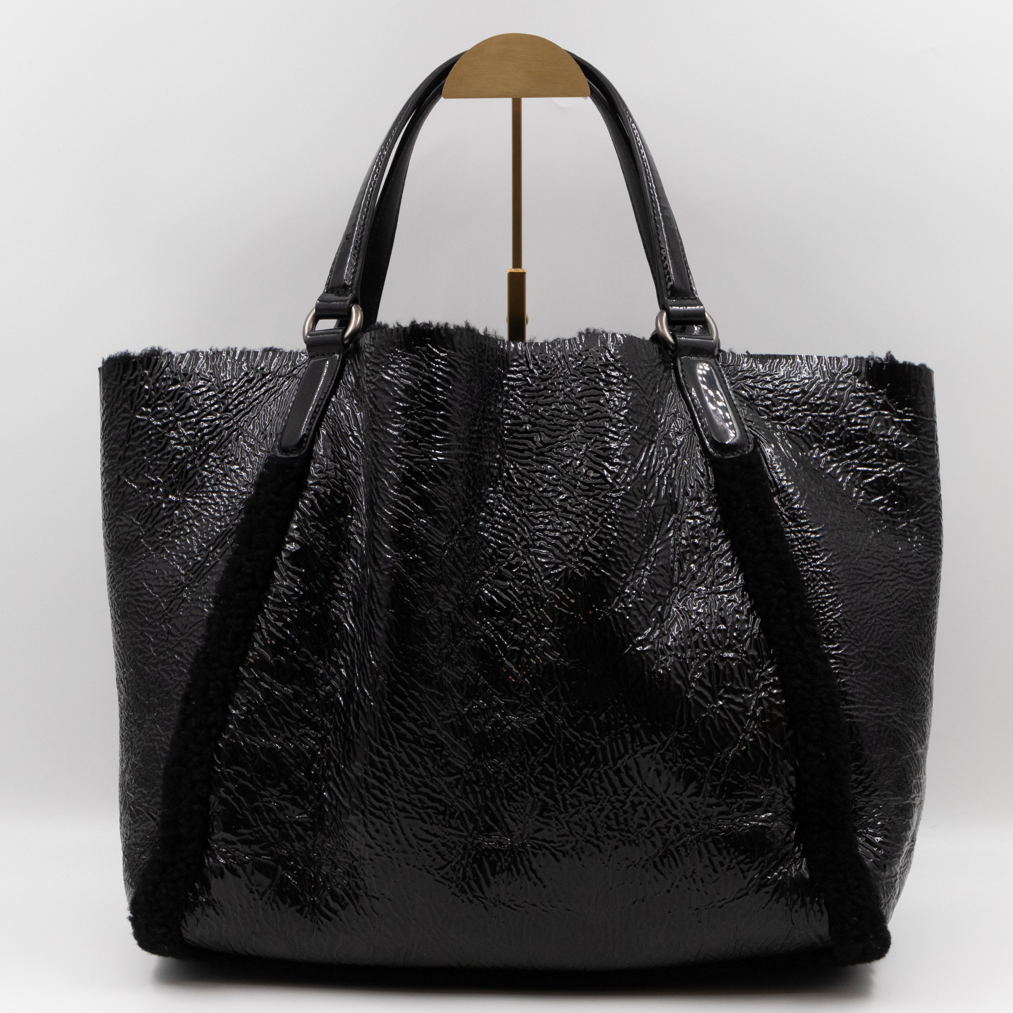 Soho Tote Wool Shearling Crushed Black Patent Leather