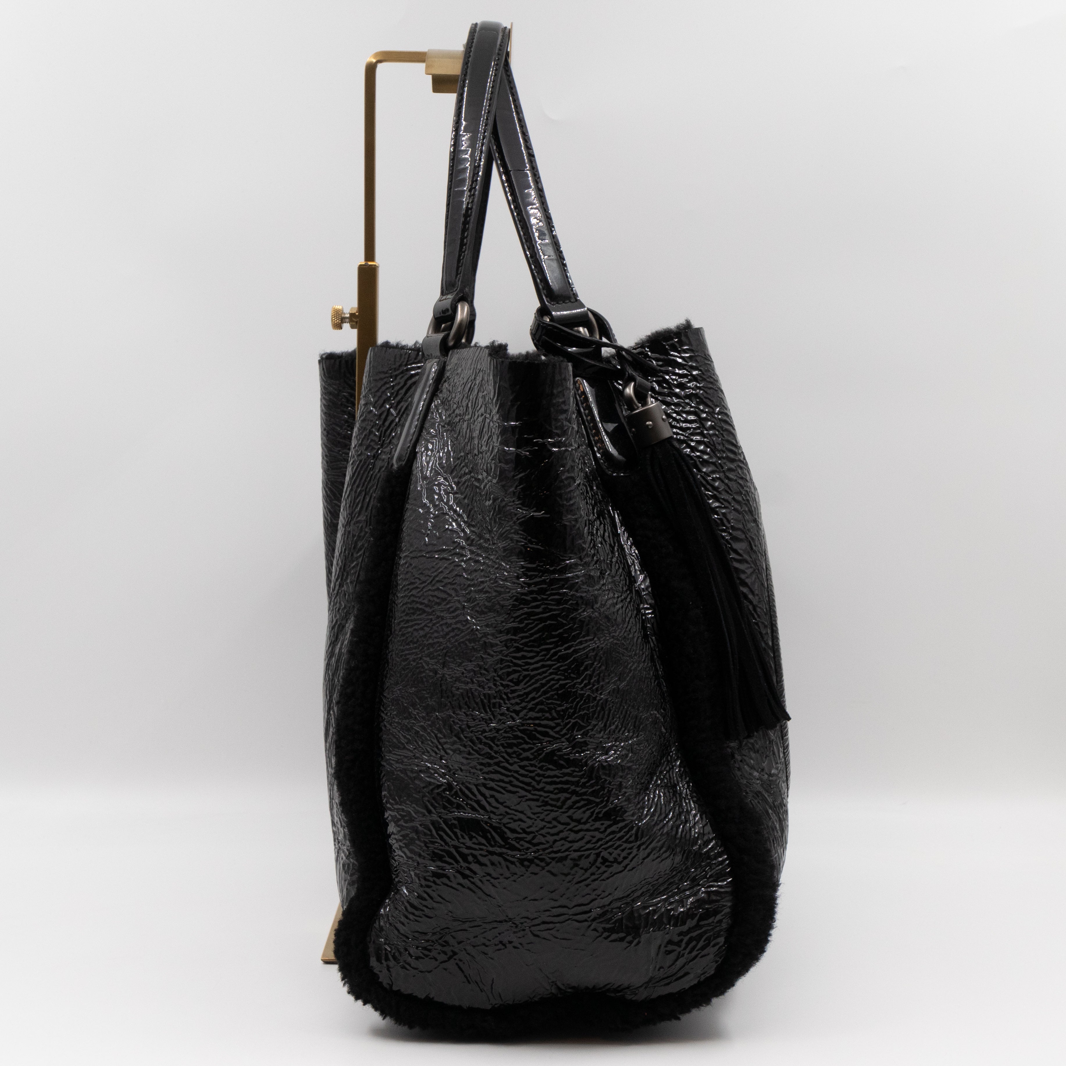 Soho Tote Wool Shearling Crushed Black Patent Leather