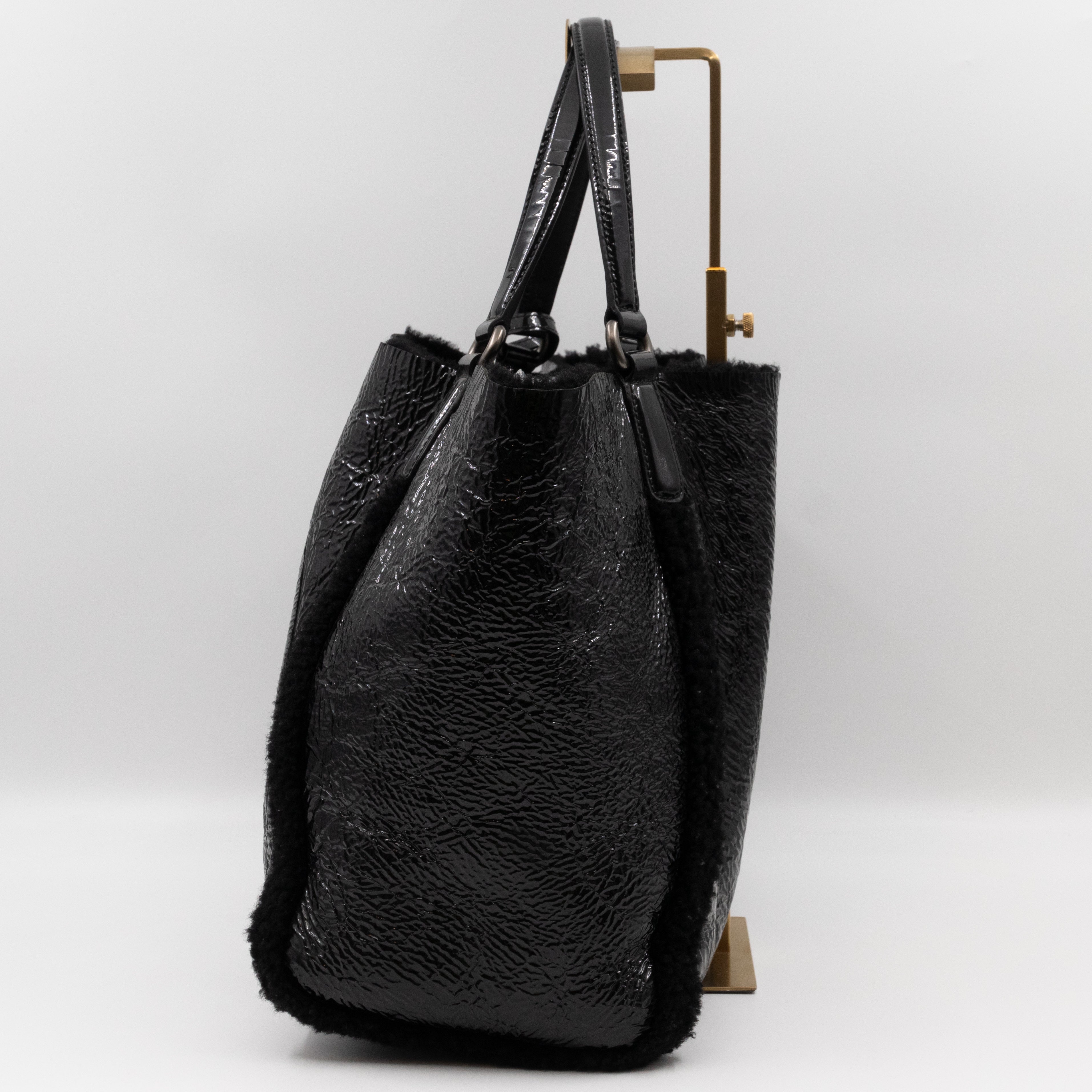 Soho Tote Wool Shearling Crushed Black Patent Leather