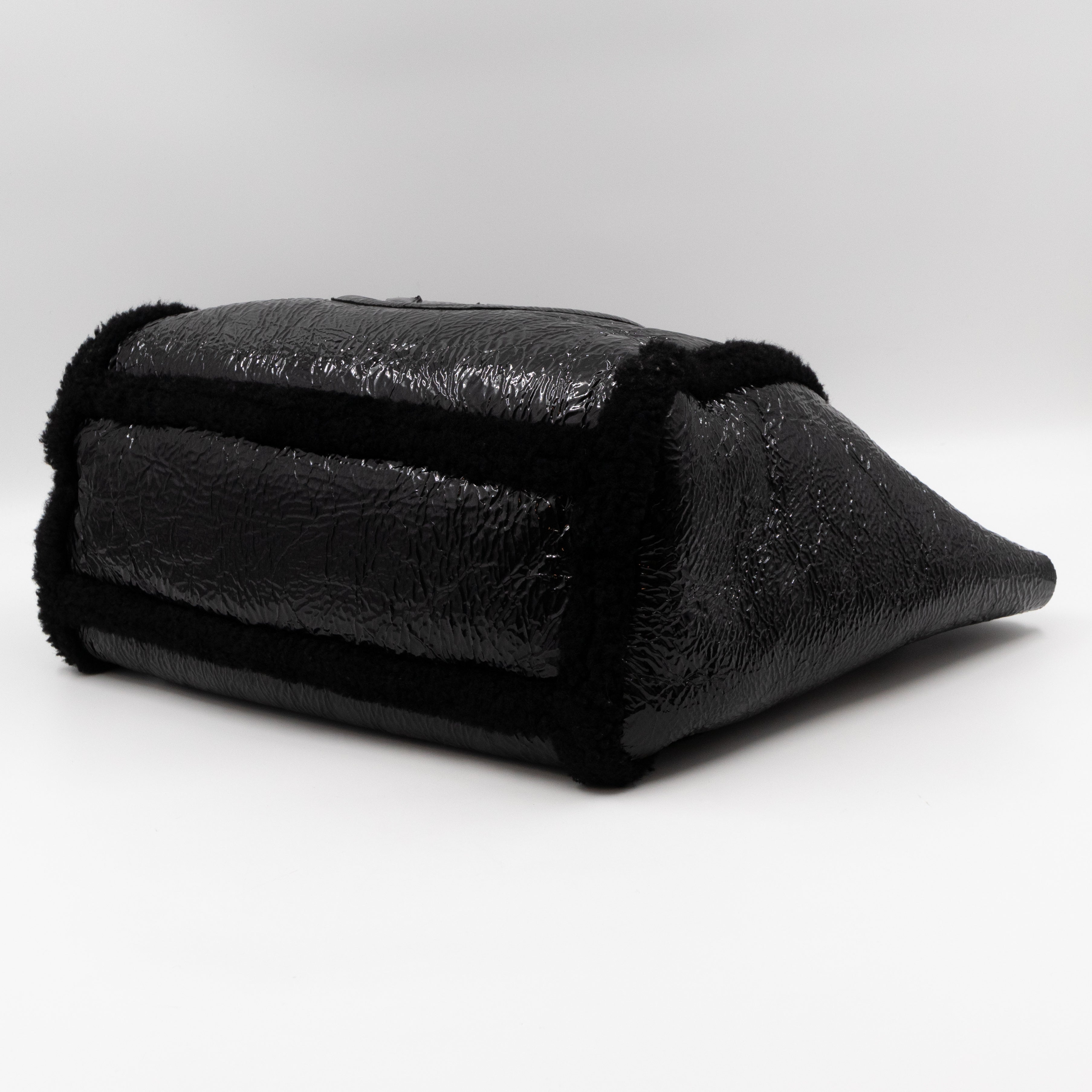 Soho Tote Wool Shearling Crushed Black Patent Leather