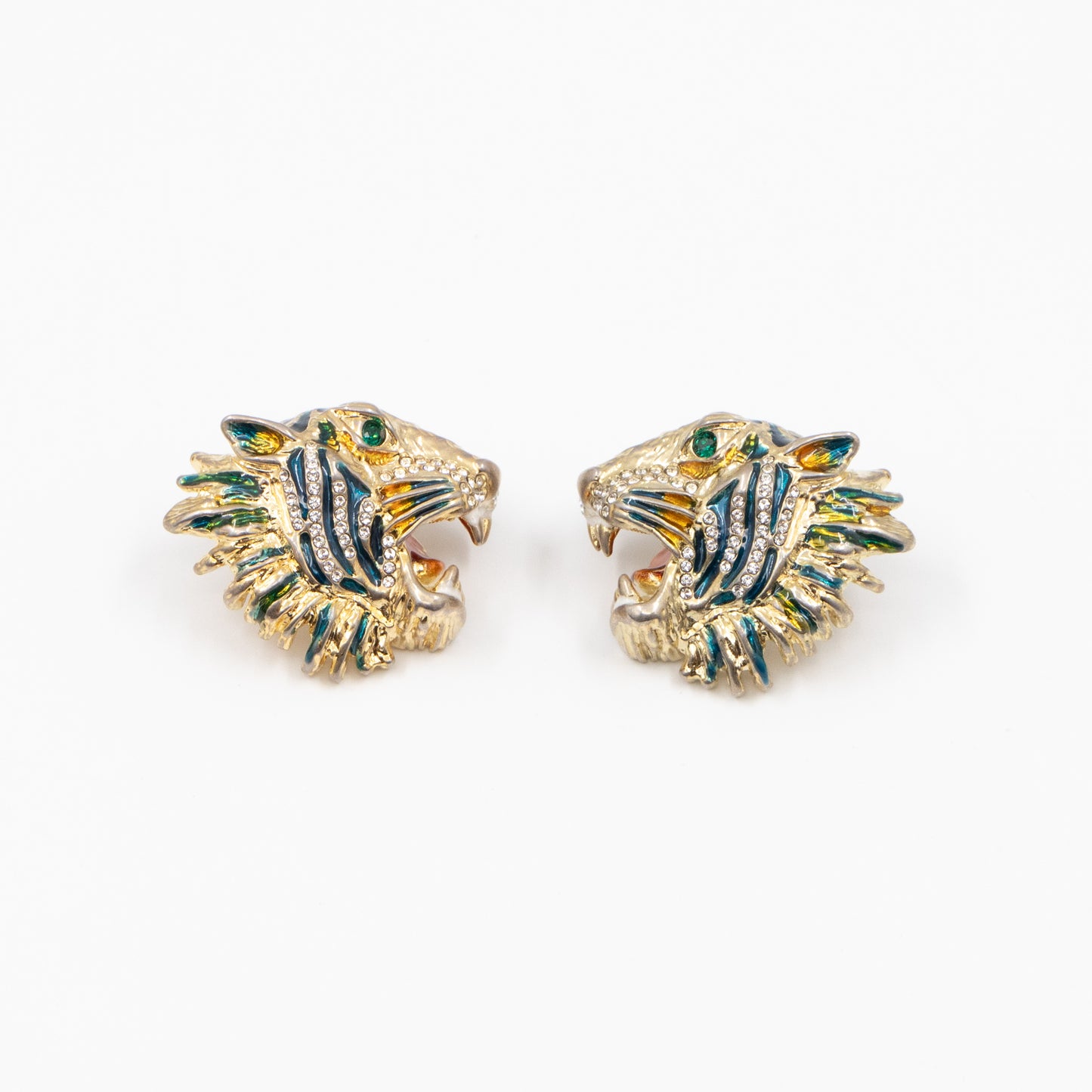 Crystal Enamel Tiger Head Earrings Gold
