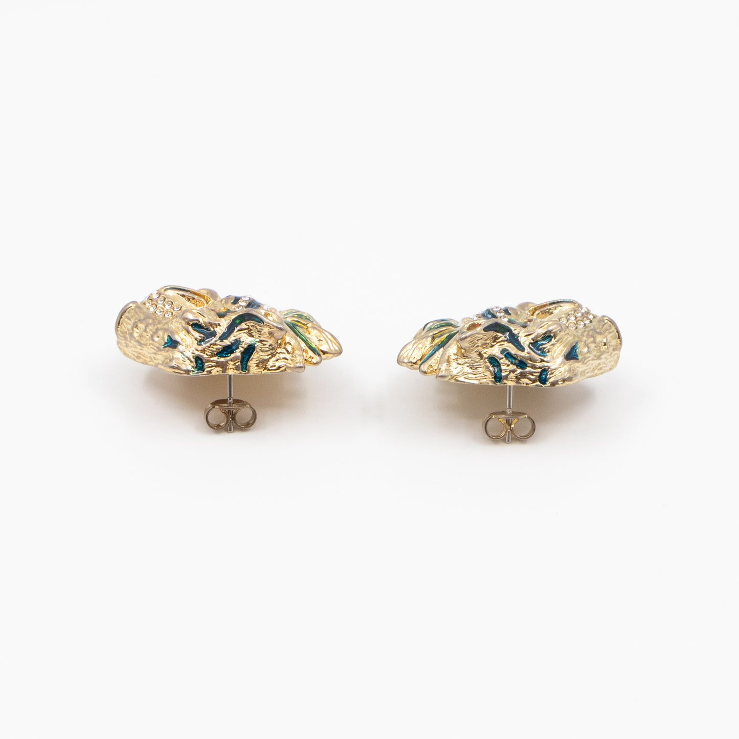 Crystal Enamel Tiger Head Earrings Gold