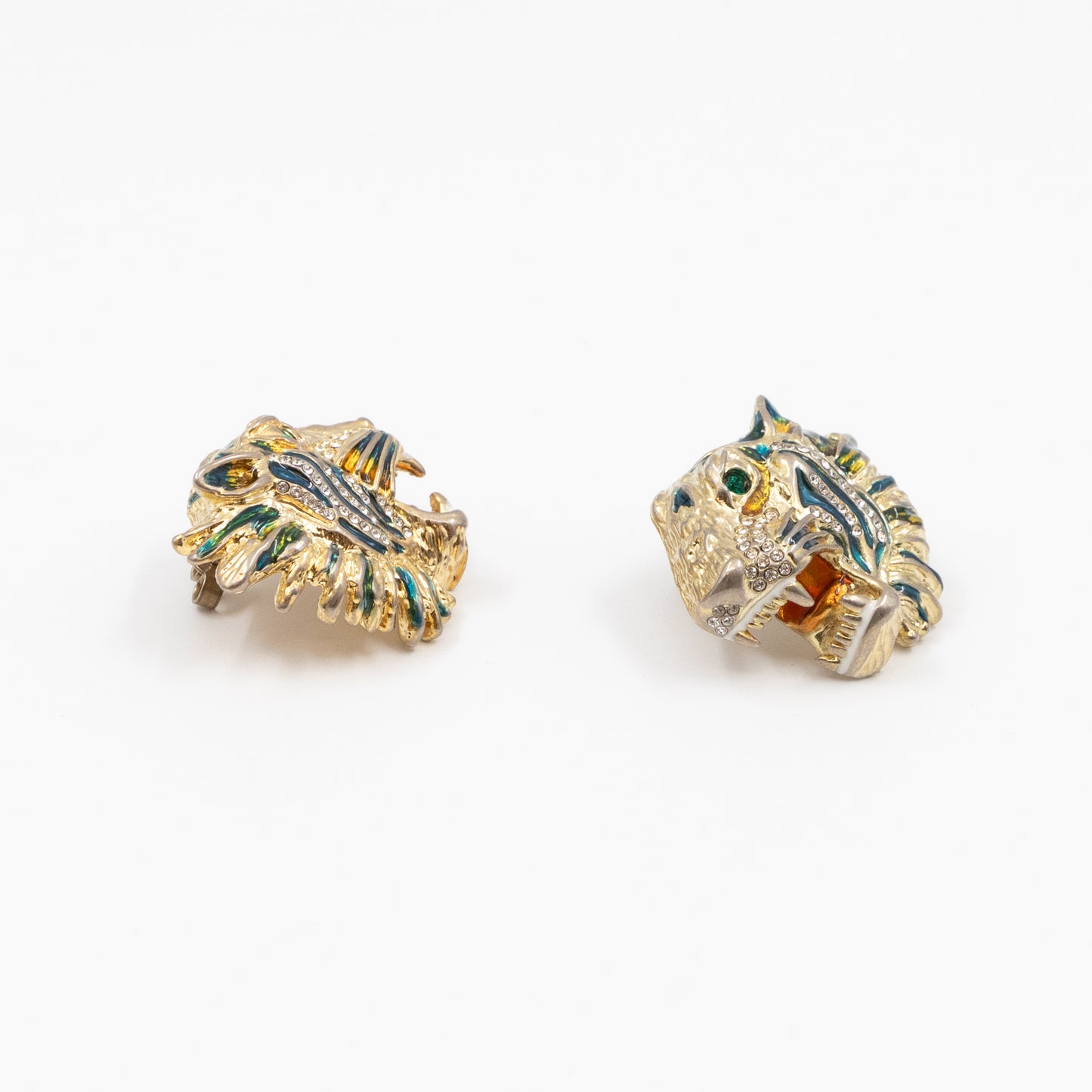 Crystal Enamel Tiger Head Earrings Gold