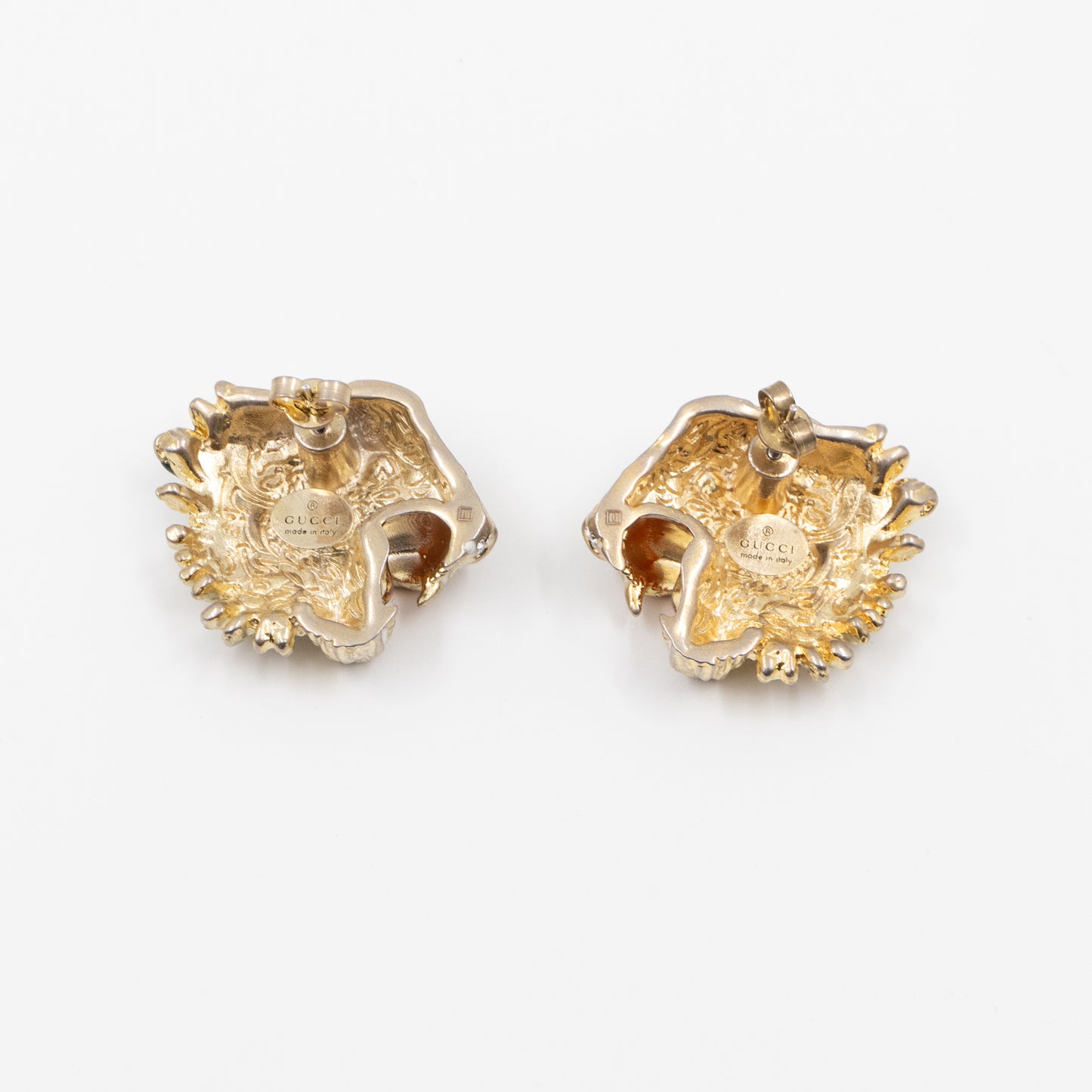 Crystal Enamel Tiger Head Earrings Gold