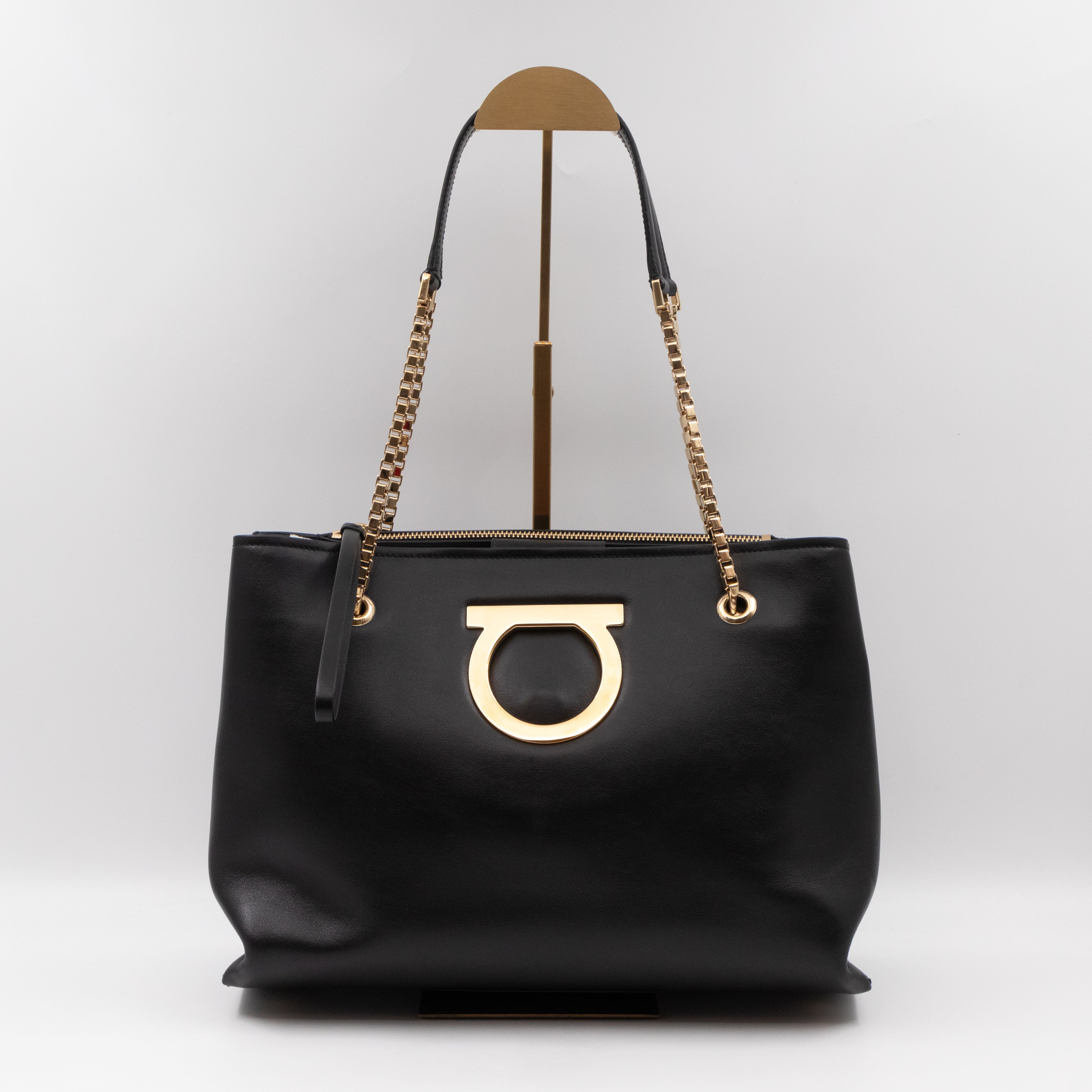 Gancini Chain Handle Tote Black Leather