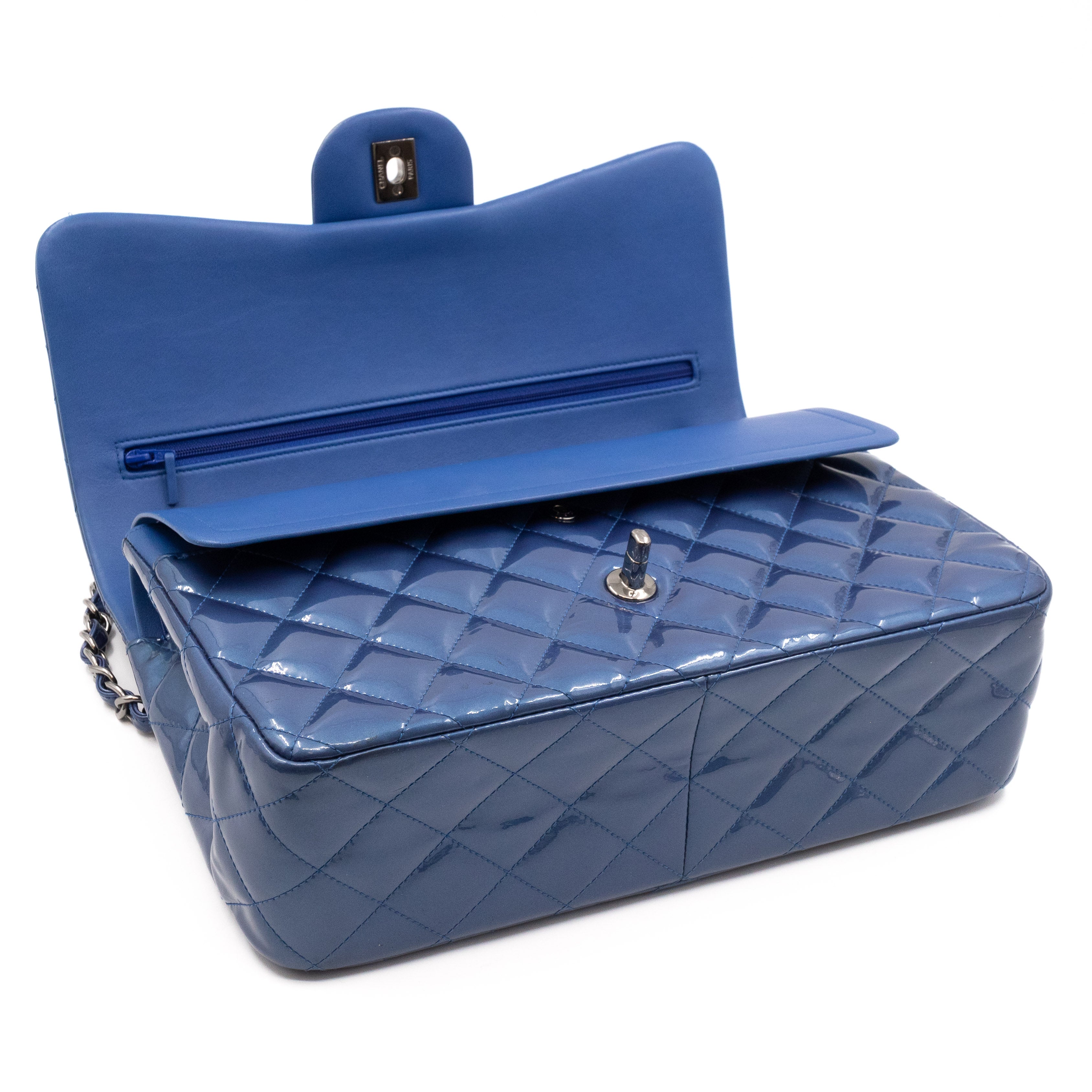 Classic Double Flap Jumbo Royal Blue Metallic Patent Leather