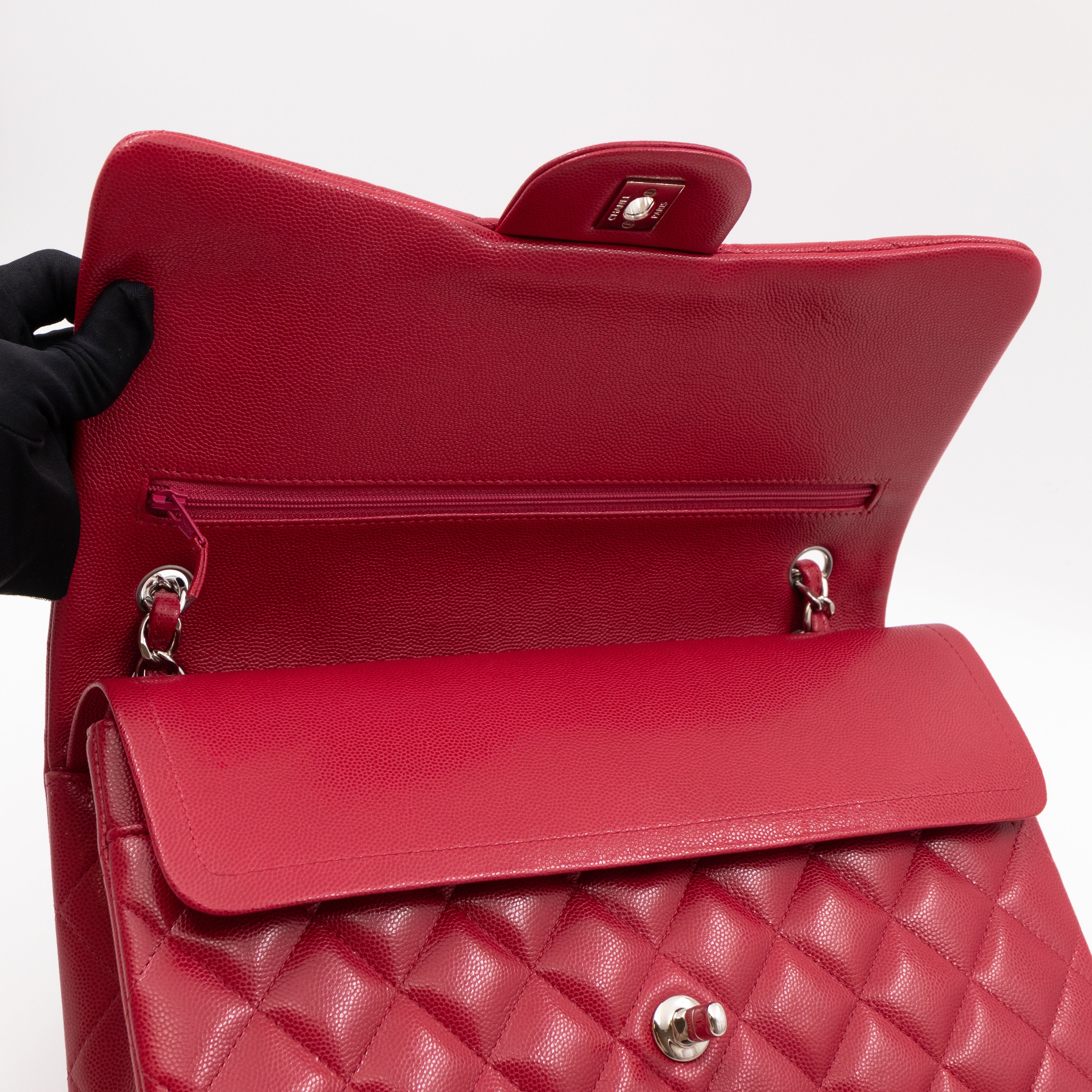 Classic Double Flap Jumbo Red Caviar Leather