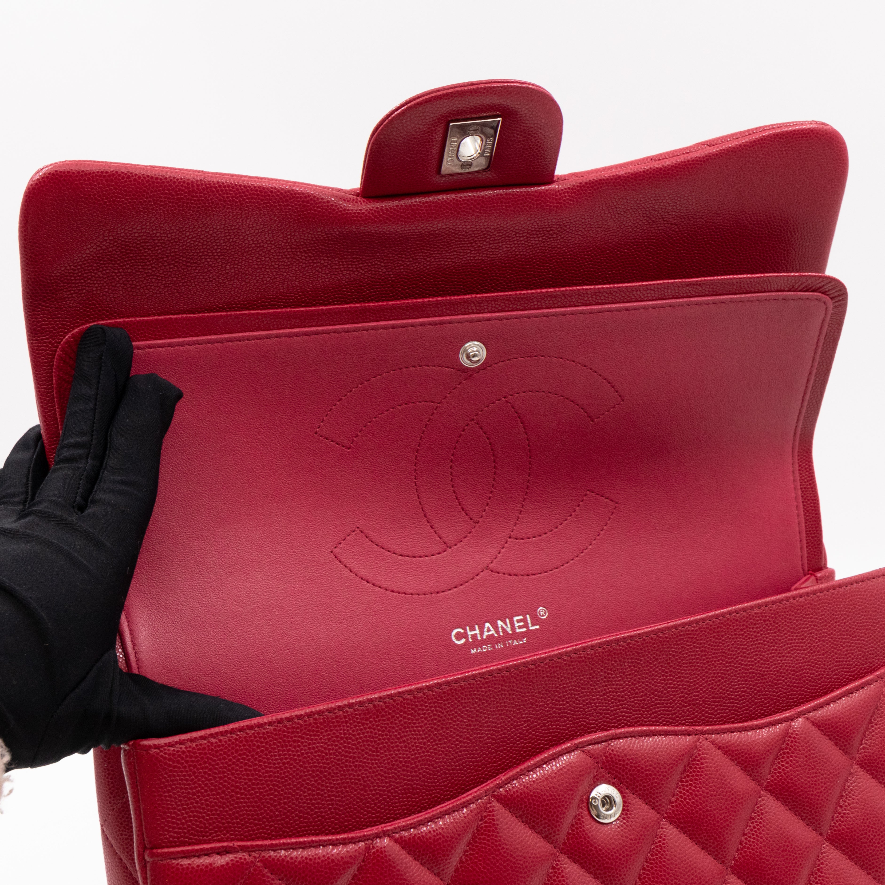 Classic Double Flap Jumbo Red Caviar Leather