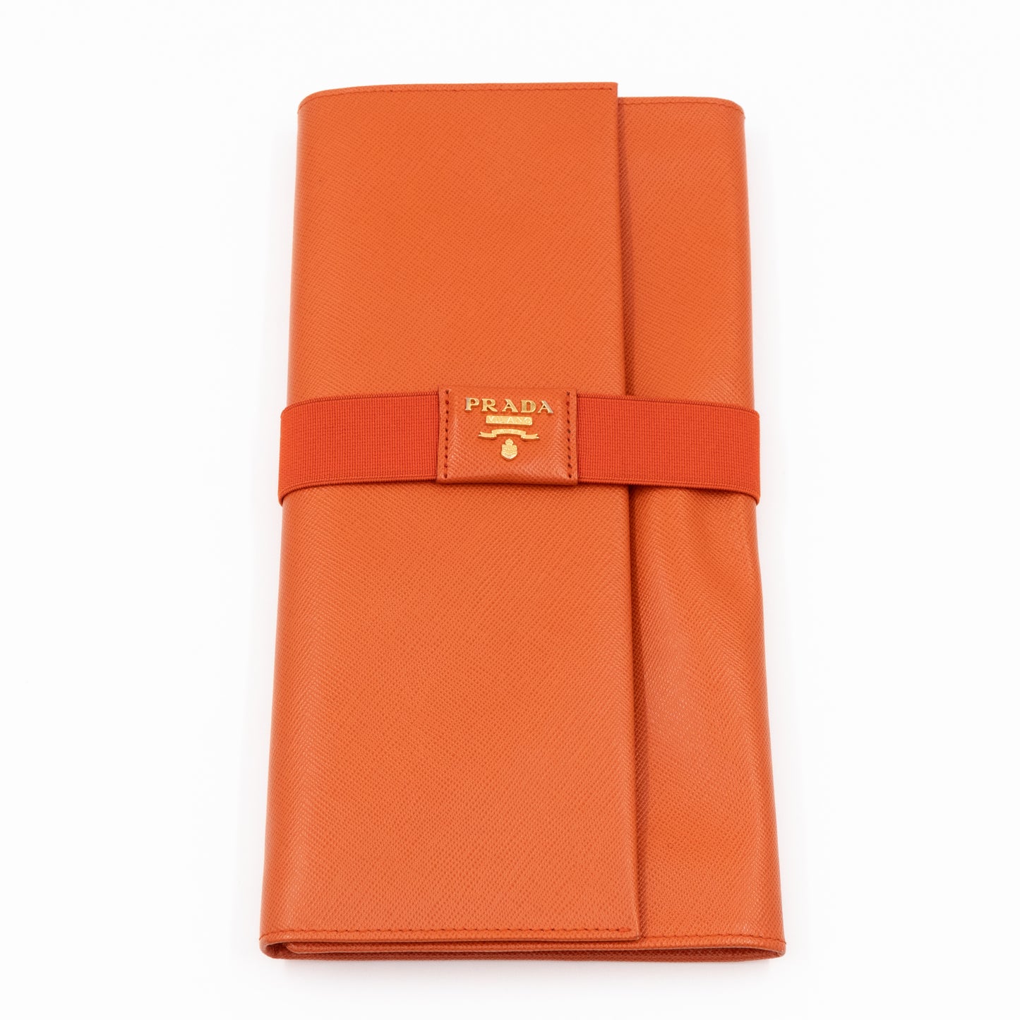 Flat Clutch with Stretch Band Orange Saffiano