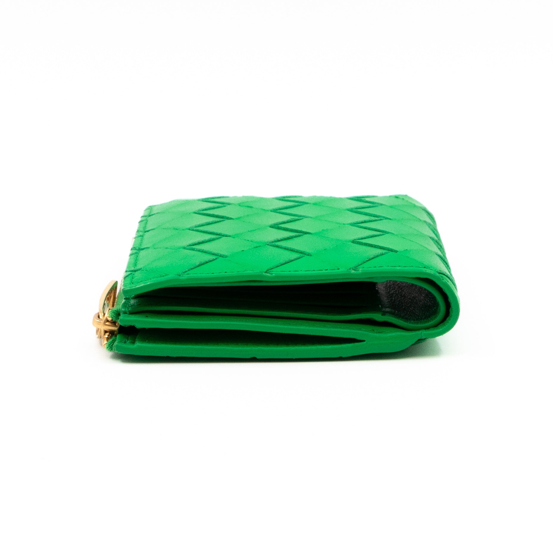 Small Bi-Fold Wallet Parakeet Green Intrecciato Leather