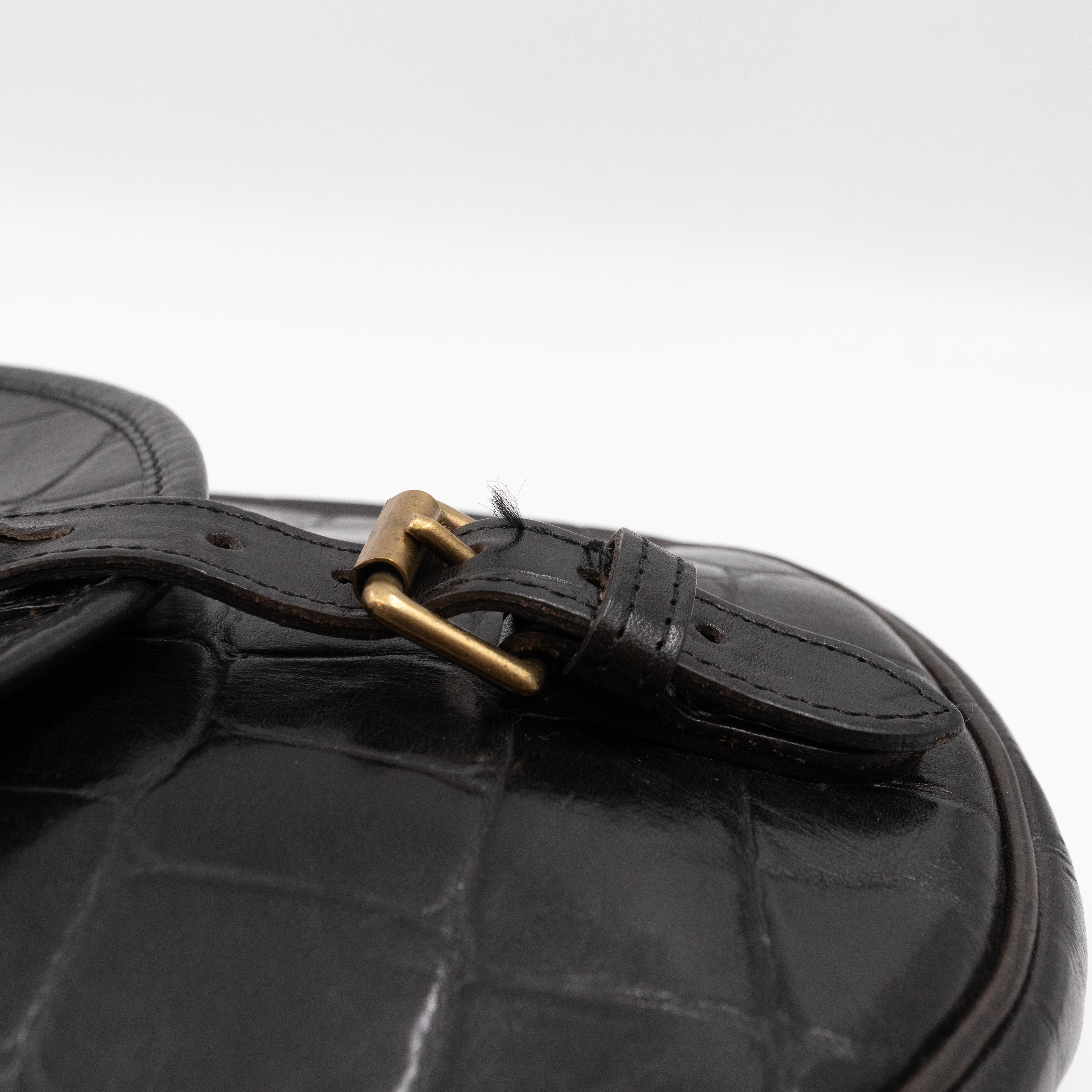 Vintage Crossbody Bag Black Croc Embossed Leather