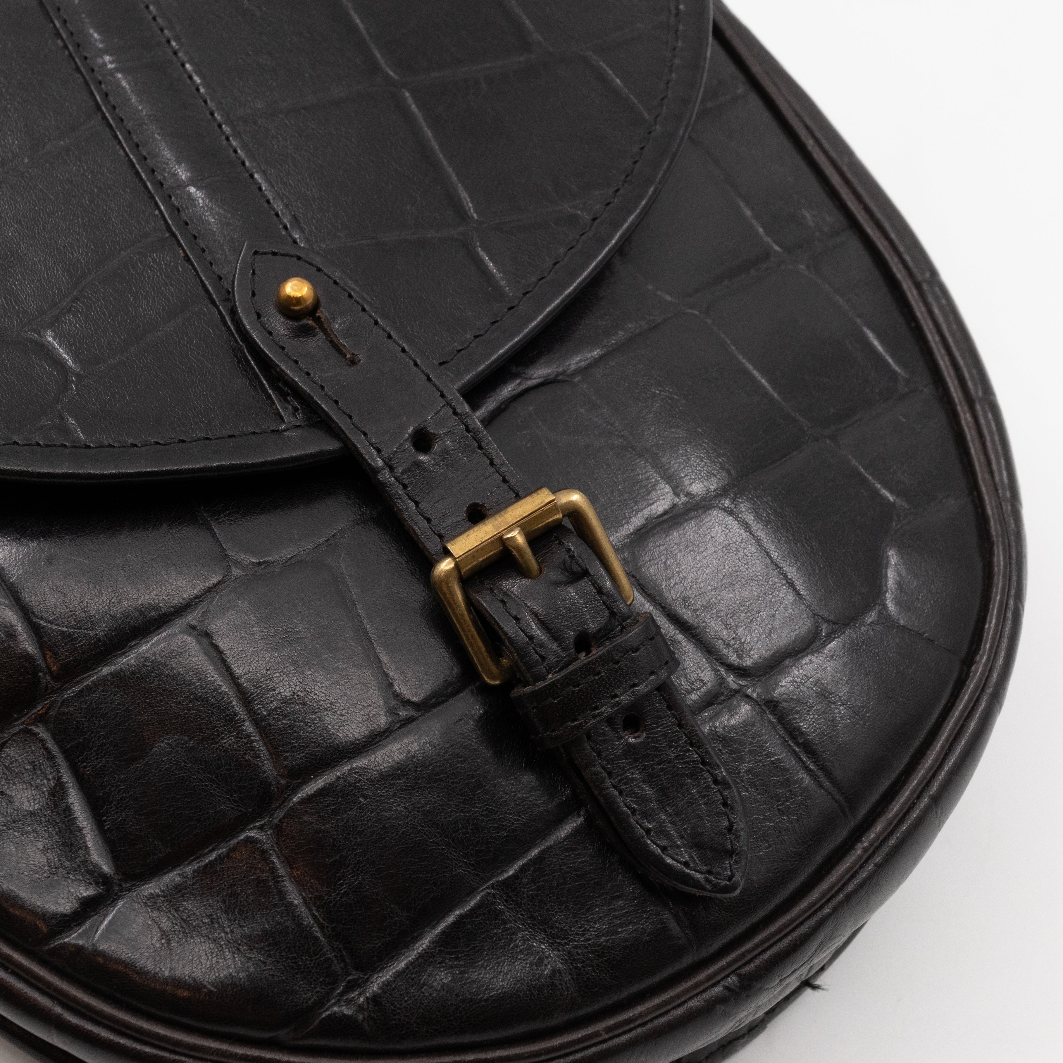 Vintage Crossbody Bag Black Croc Embossed Leather