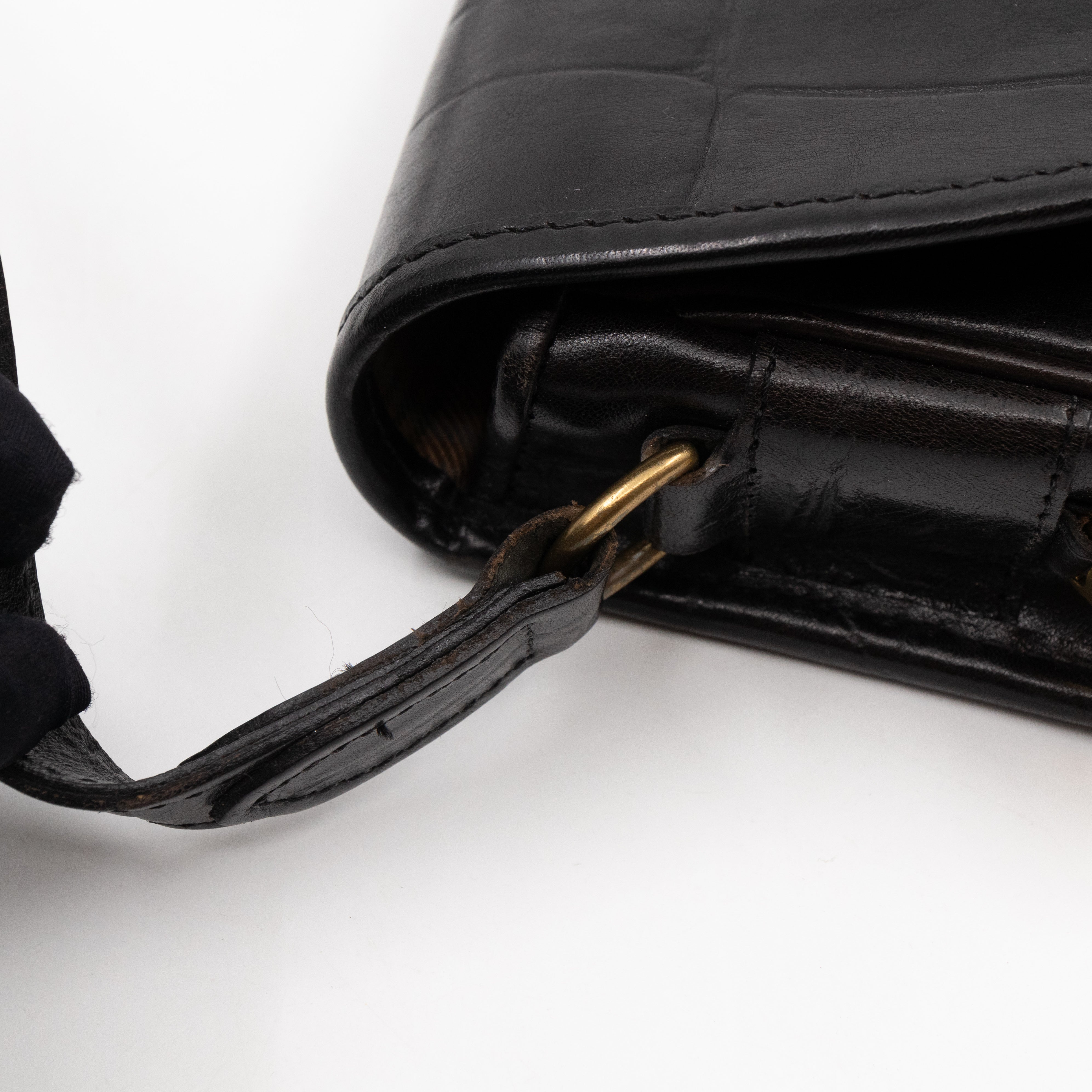 Vintage Crossbody Bag Black Croc Embossed Leather