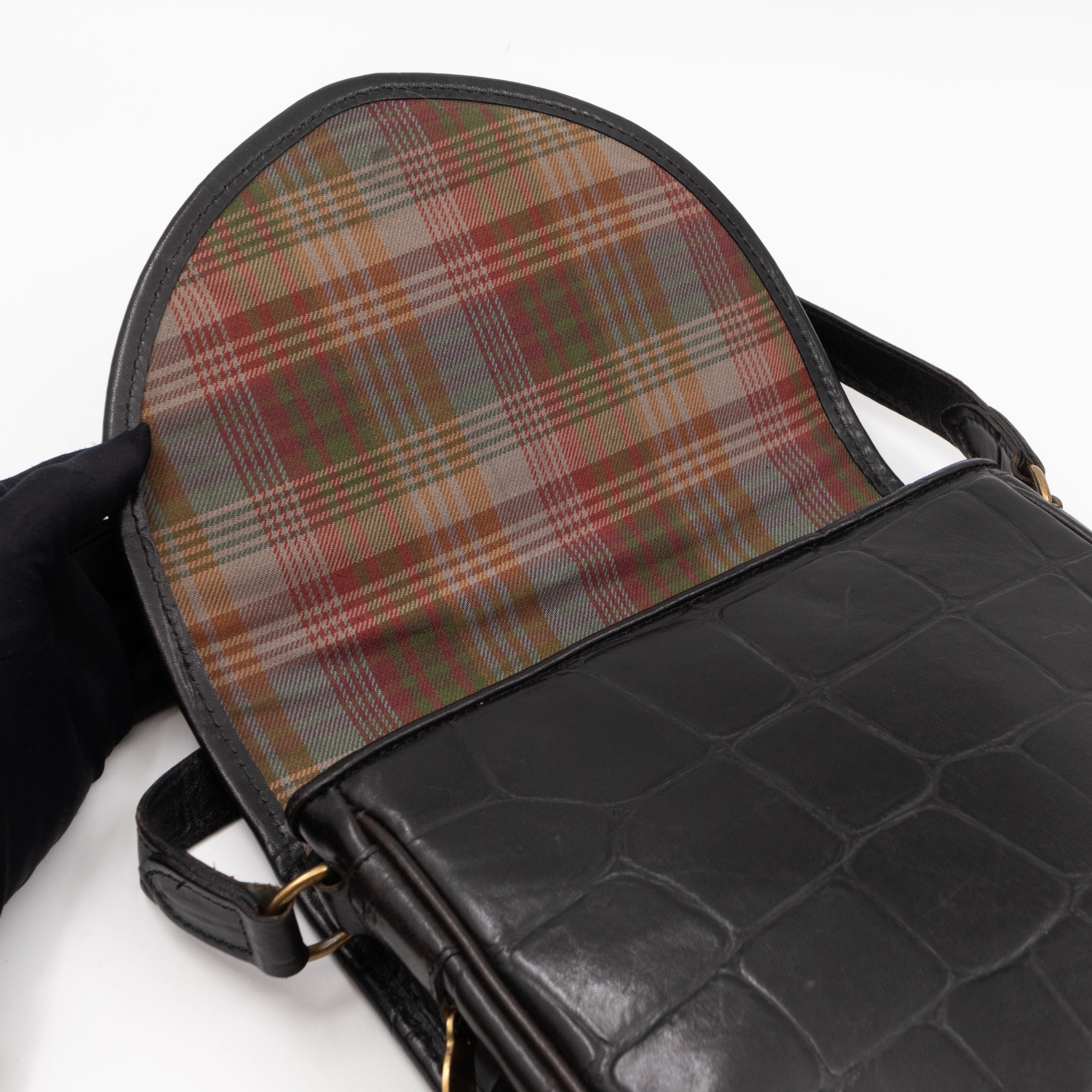 Vintage Crossbody Bag Black Croc Embossed Leather