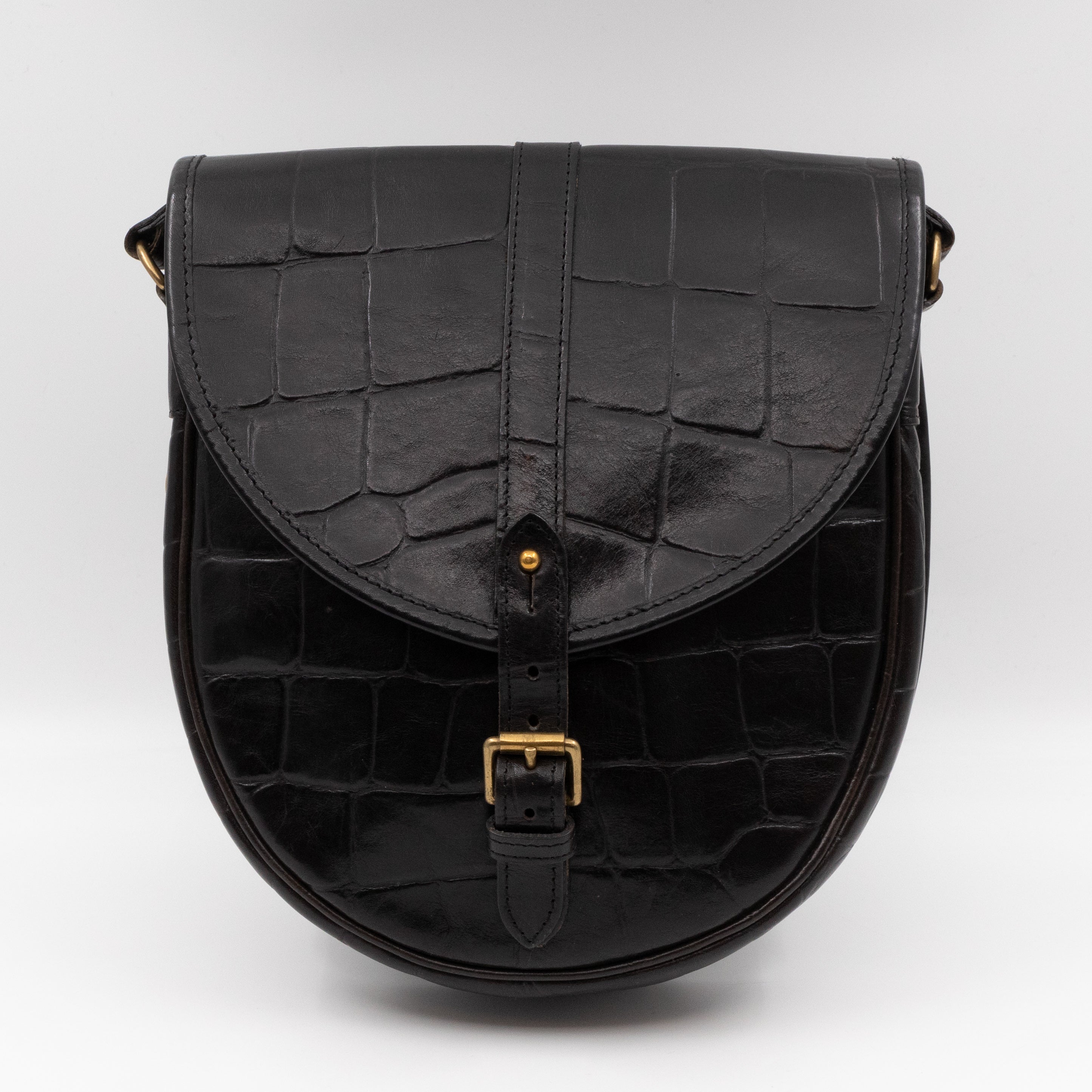 Vintage Crossbody Bag Black Croc Embossed Leather