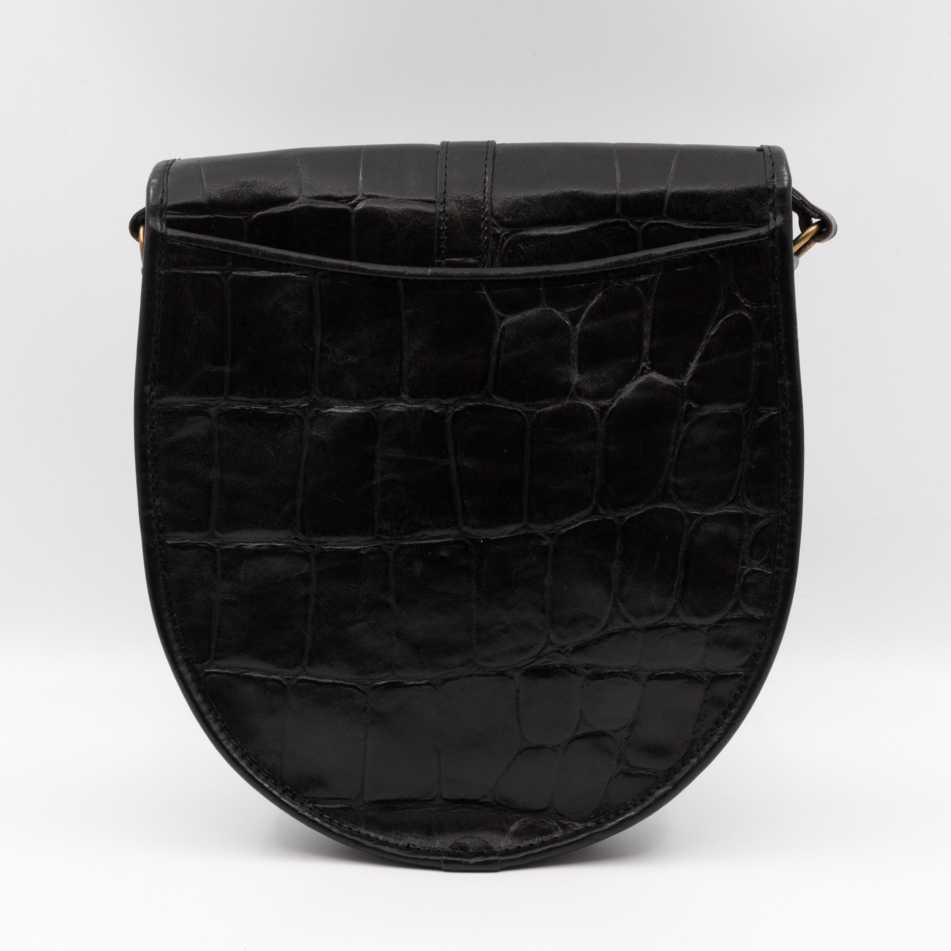 Vintage Crossbody Bag Black Croc Embossed Leather