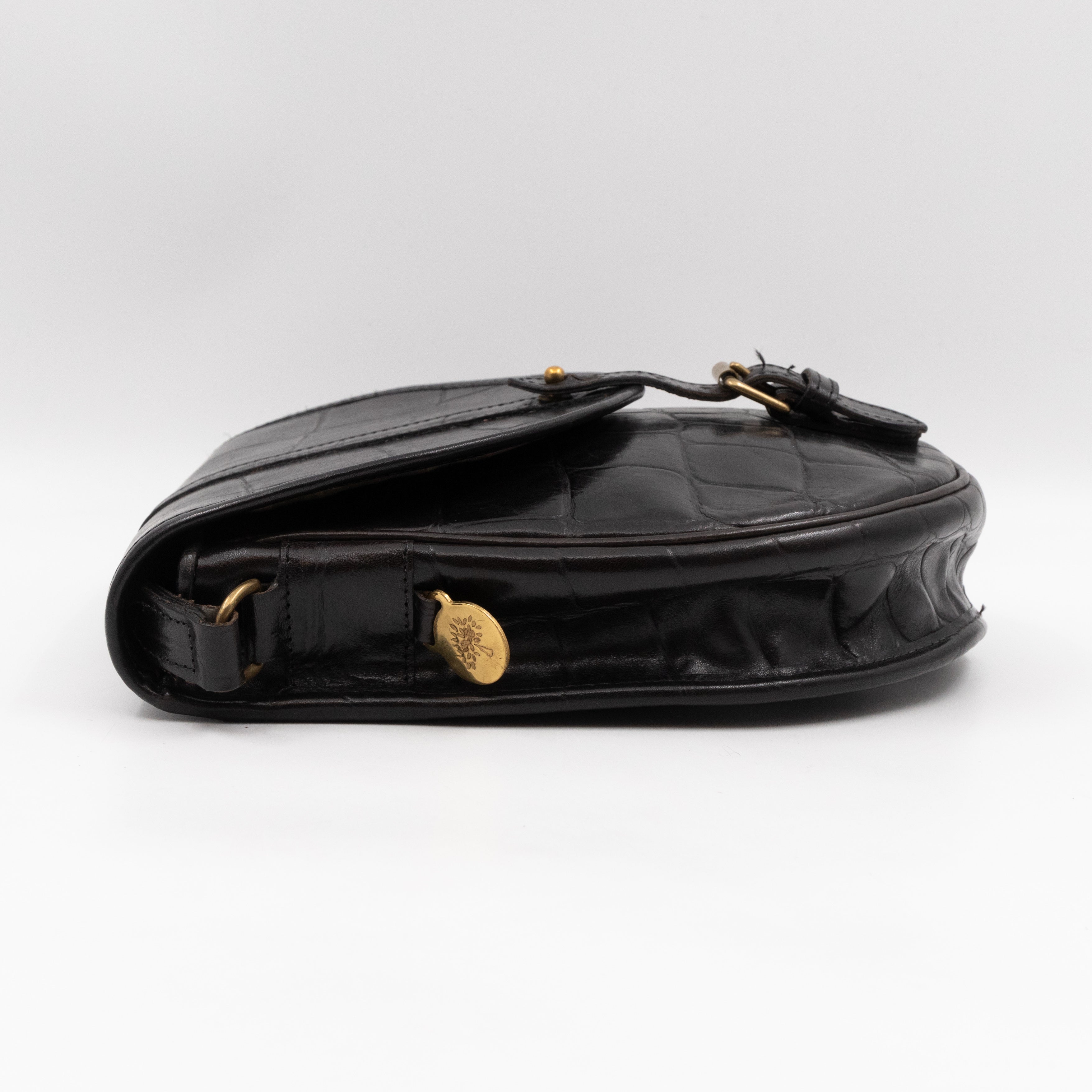 Vintage Crossbody Bag Black Croc Embossed Leather