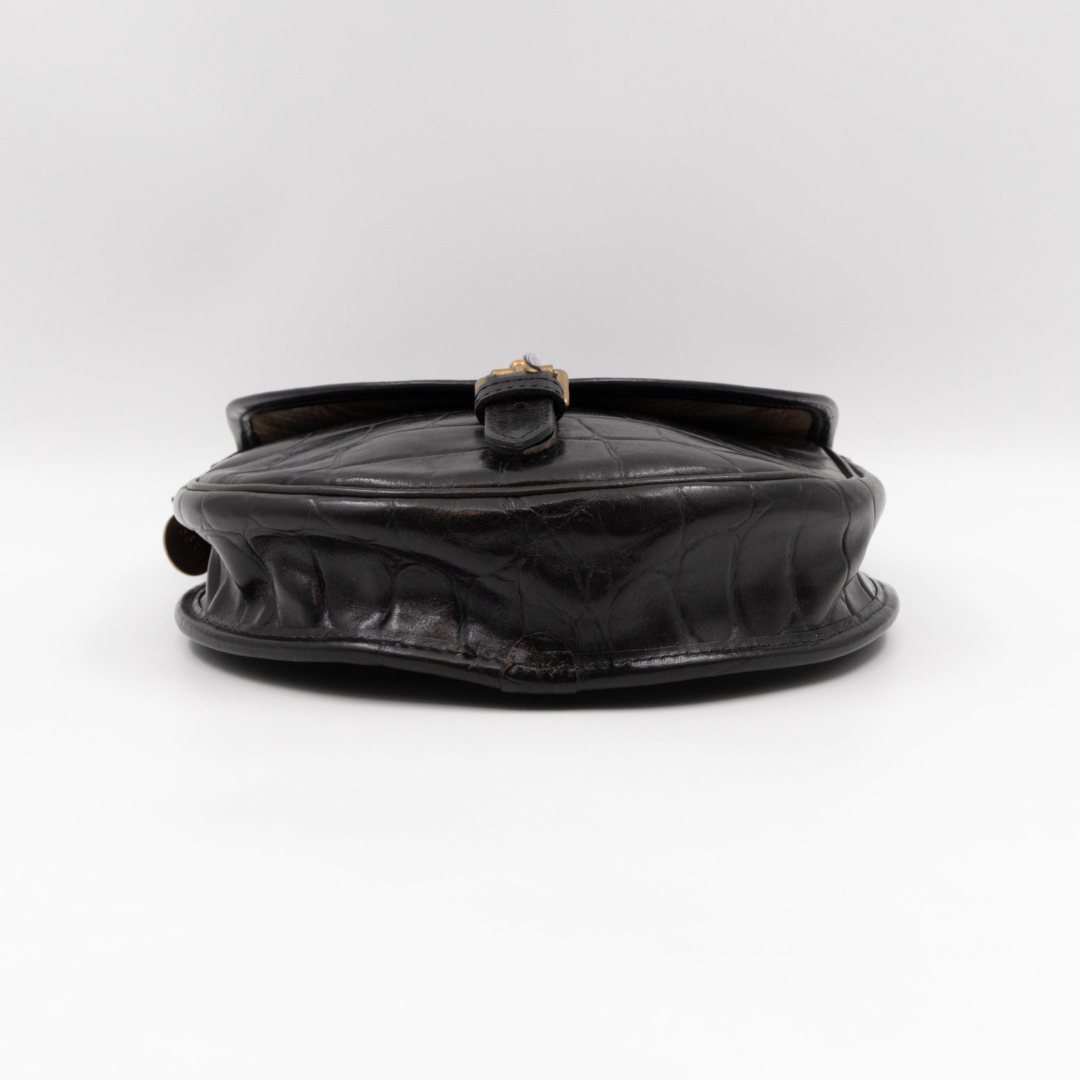 Vintage Crossbody Bag Black Croc Embossed Leather