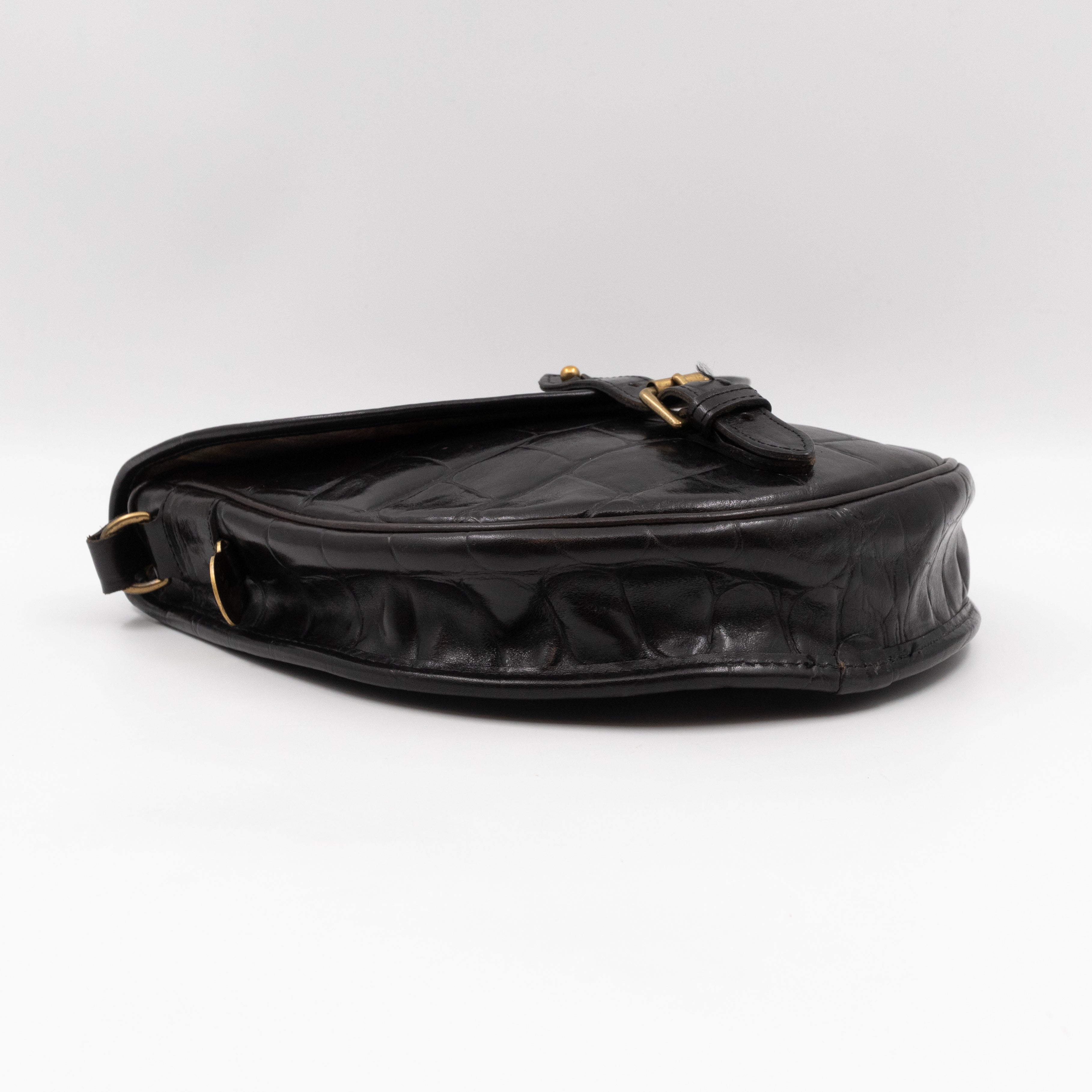 Vintage Crossbody Bag Black Croc Embossed Leather