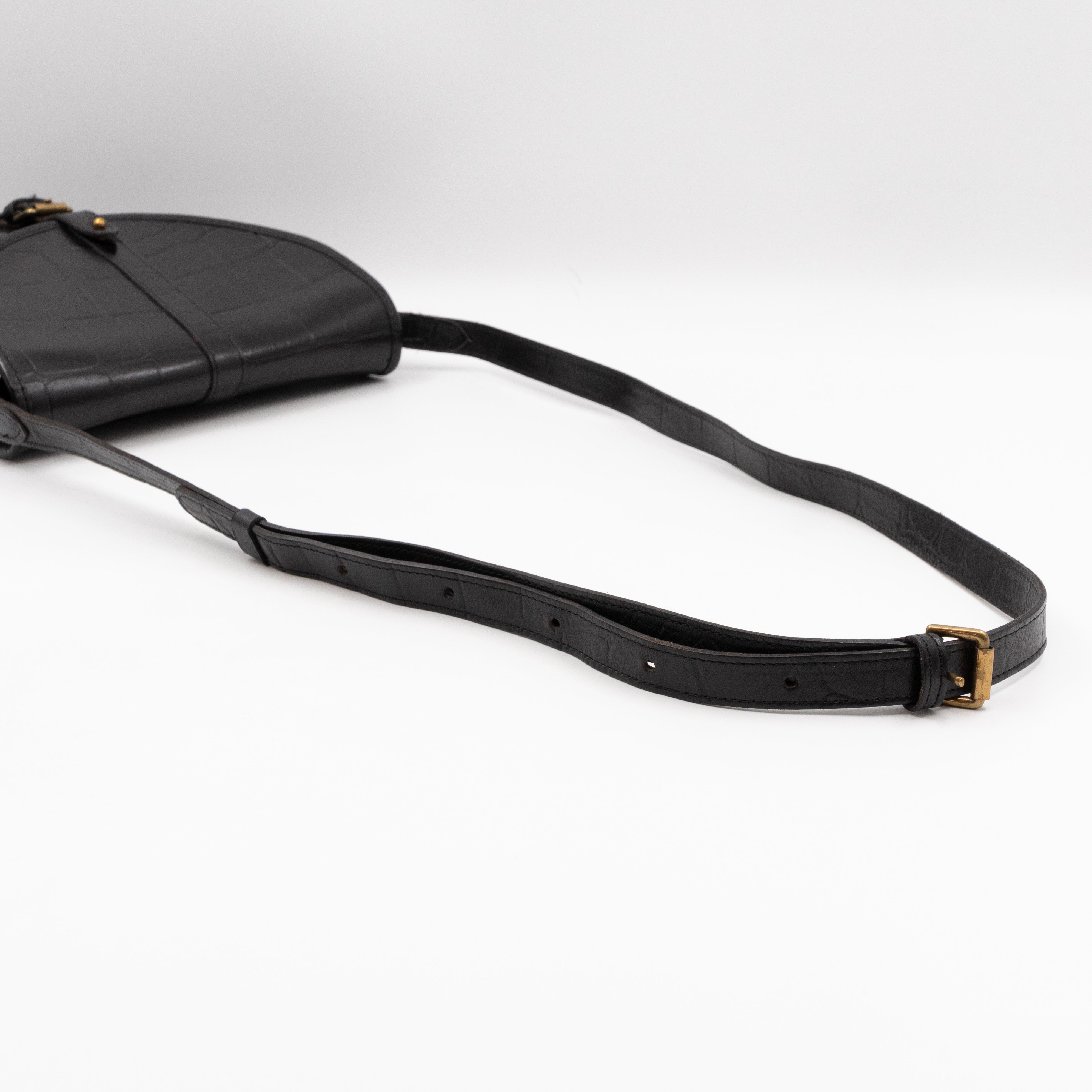 Vintage Crossbody Bag Black Croc Embossed Leather