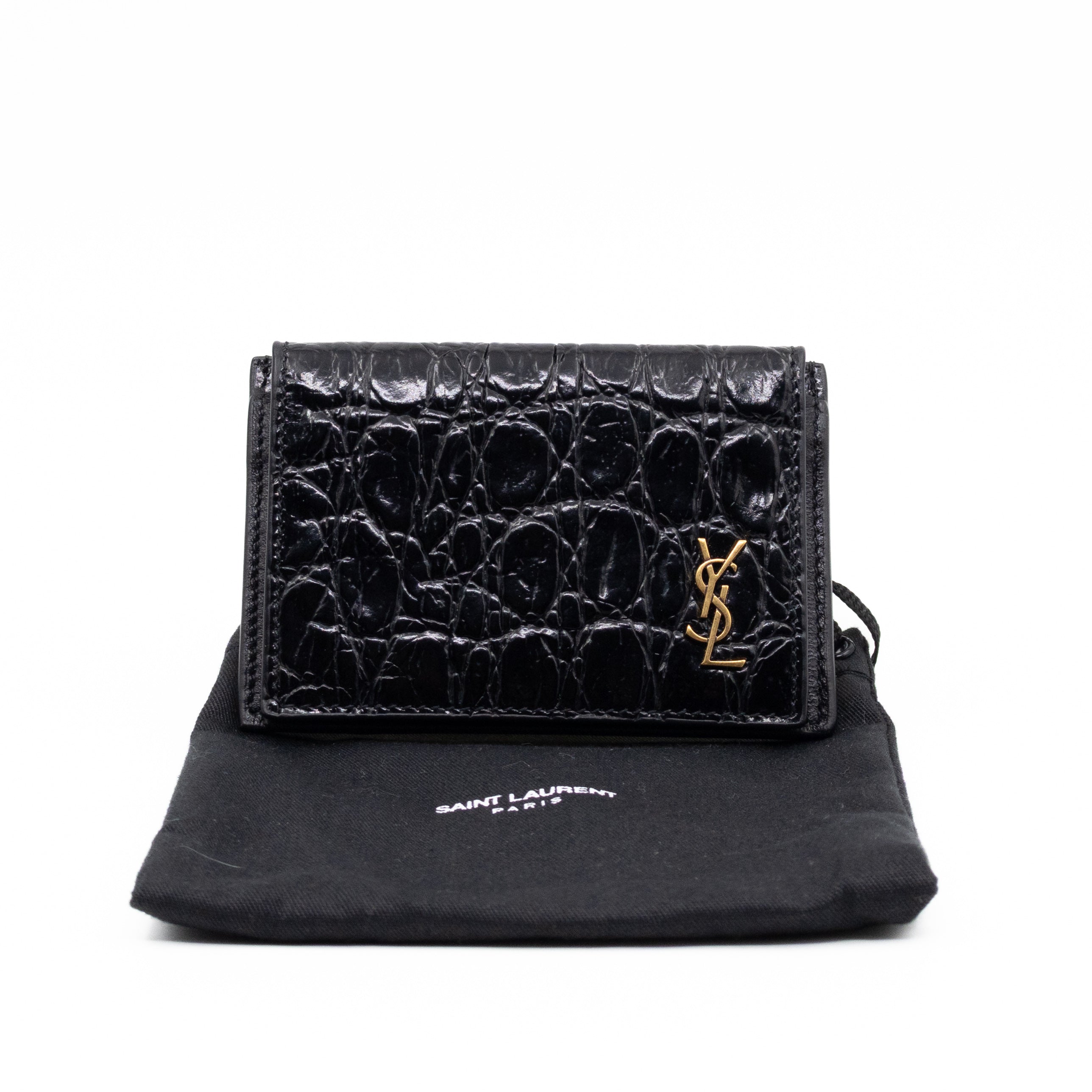Saint Laurent YSL Uptown Flap Card Holder Black Croc Embossed