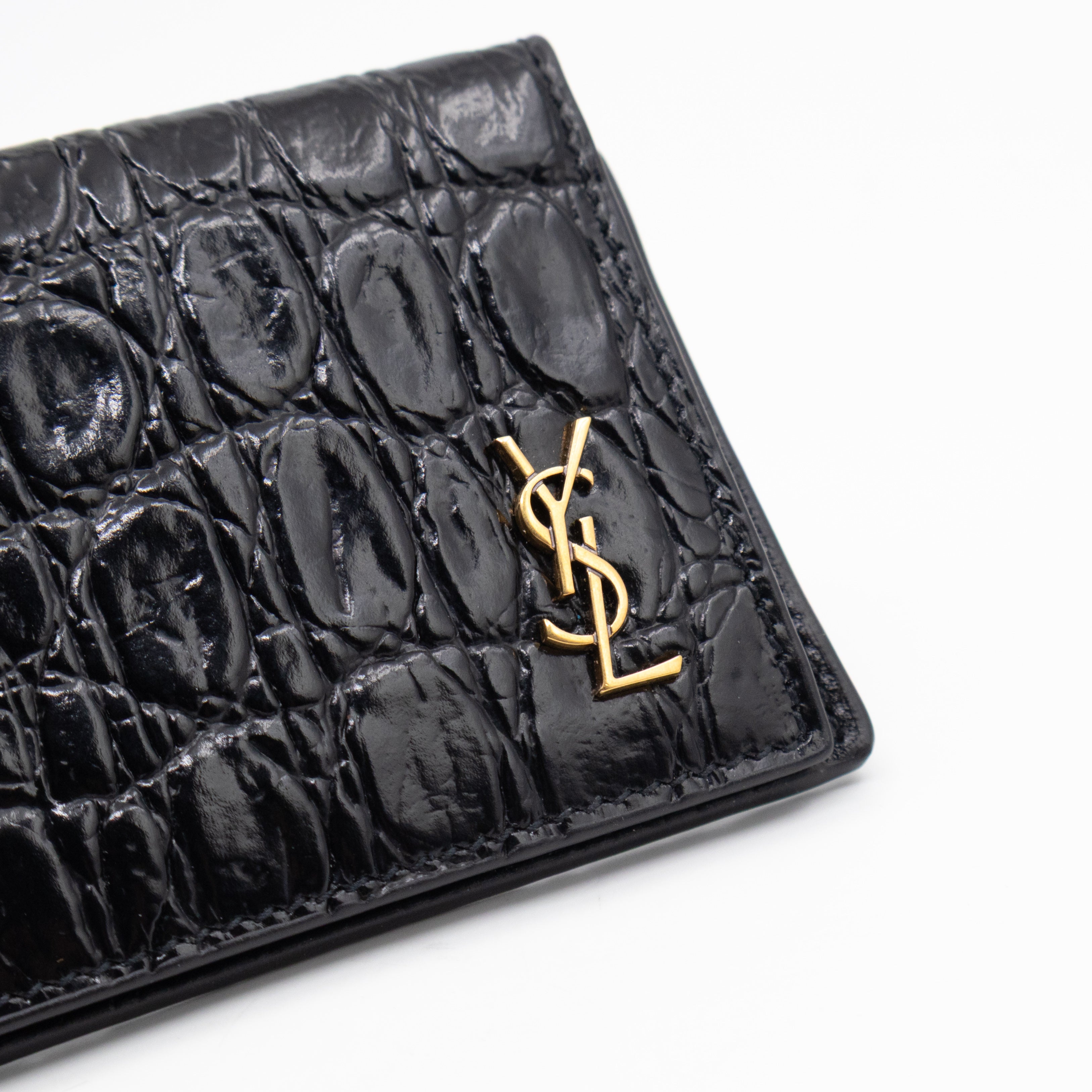 Uptown Flap Card Holder Black Croc Embossed Leather