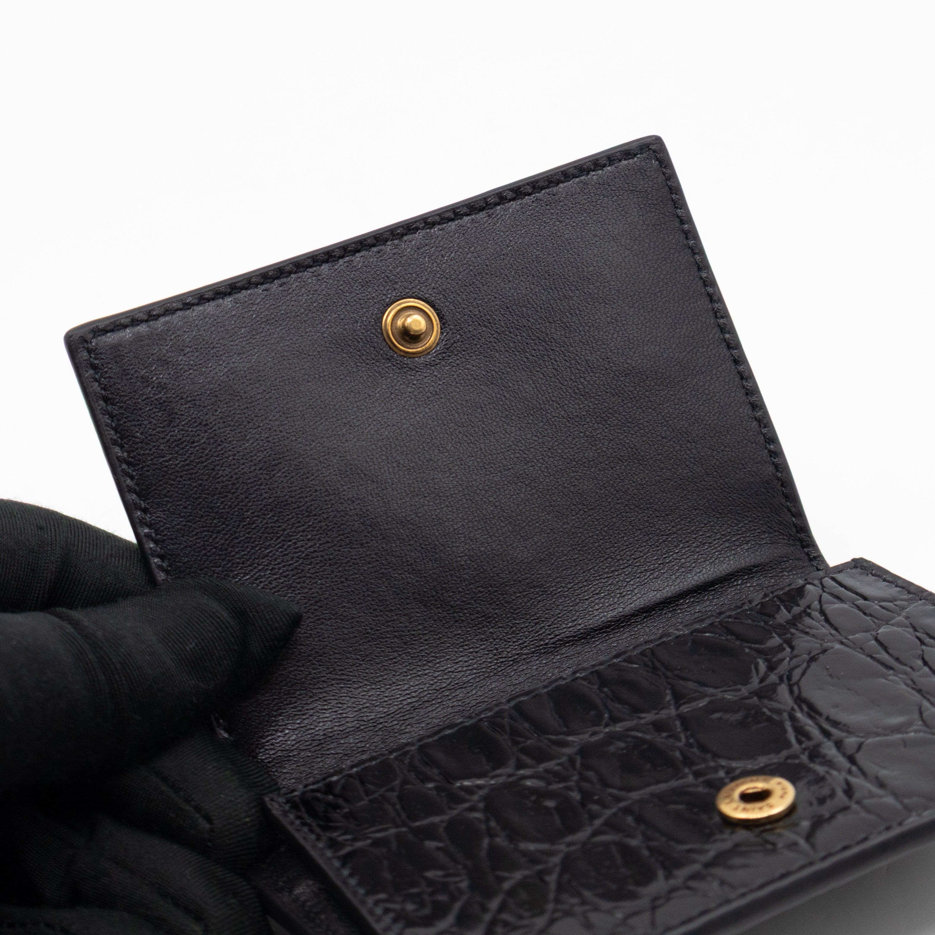 Uptown Flap Card Holder Black Croc Embossed Leather