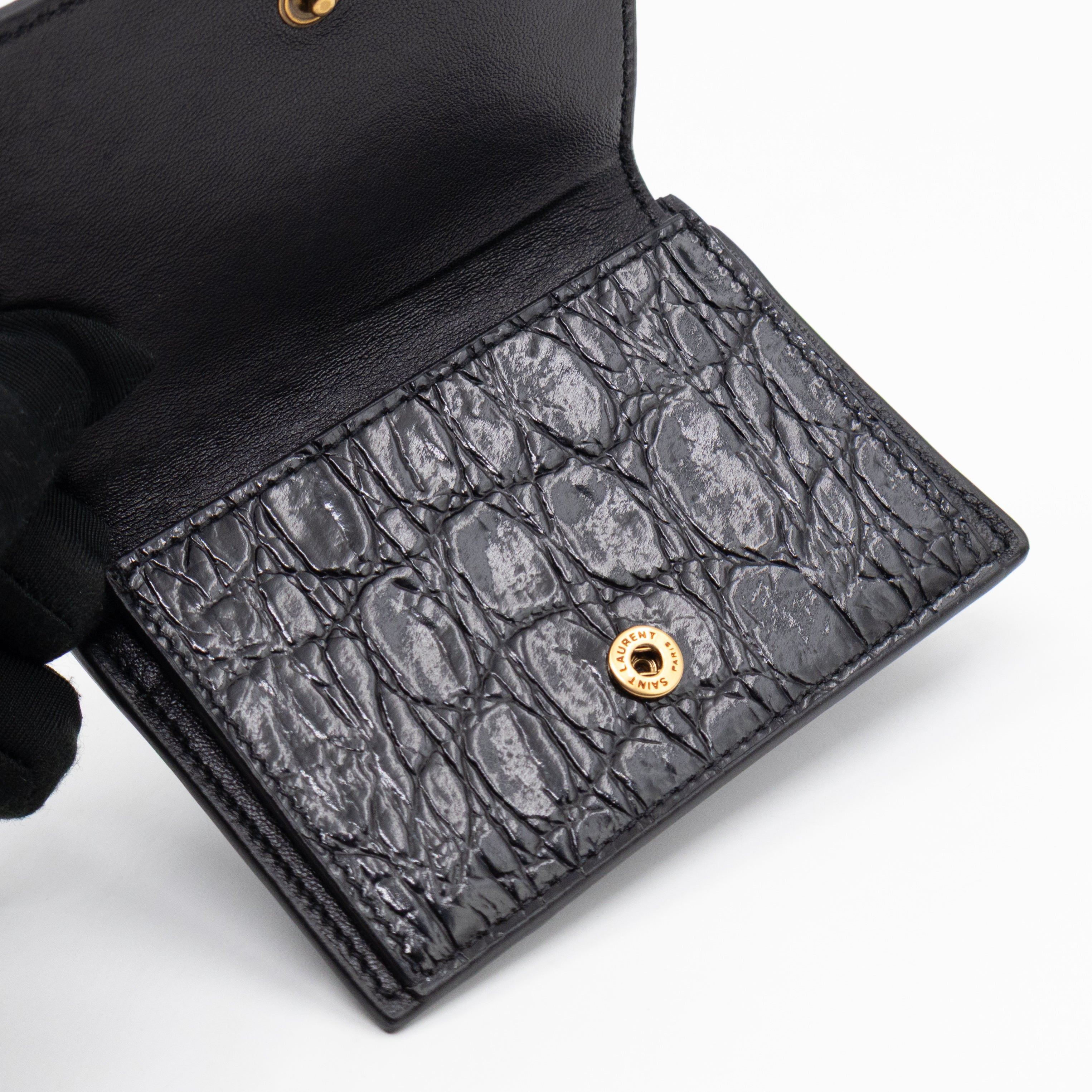 Uptown Flap Card Holder Black Croc Embossed Leather