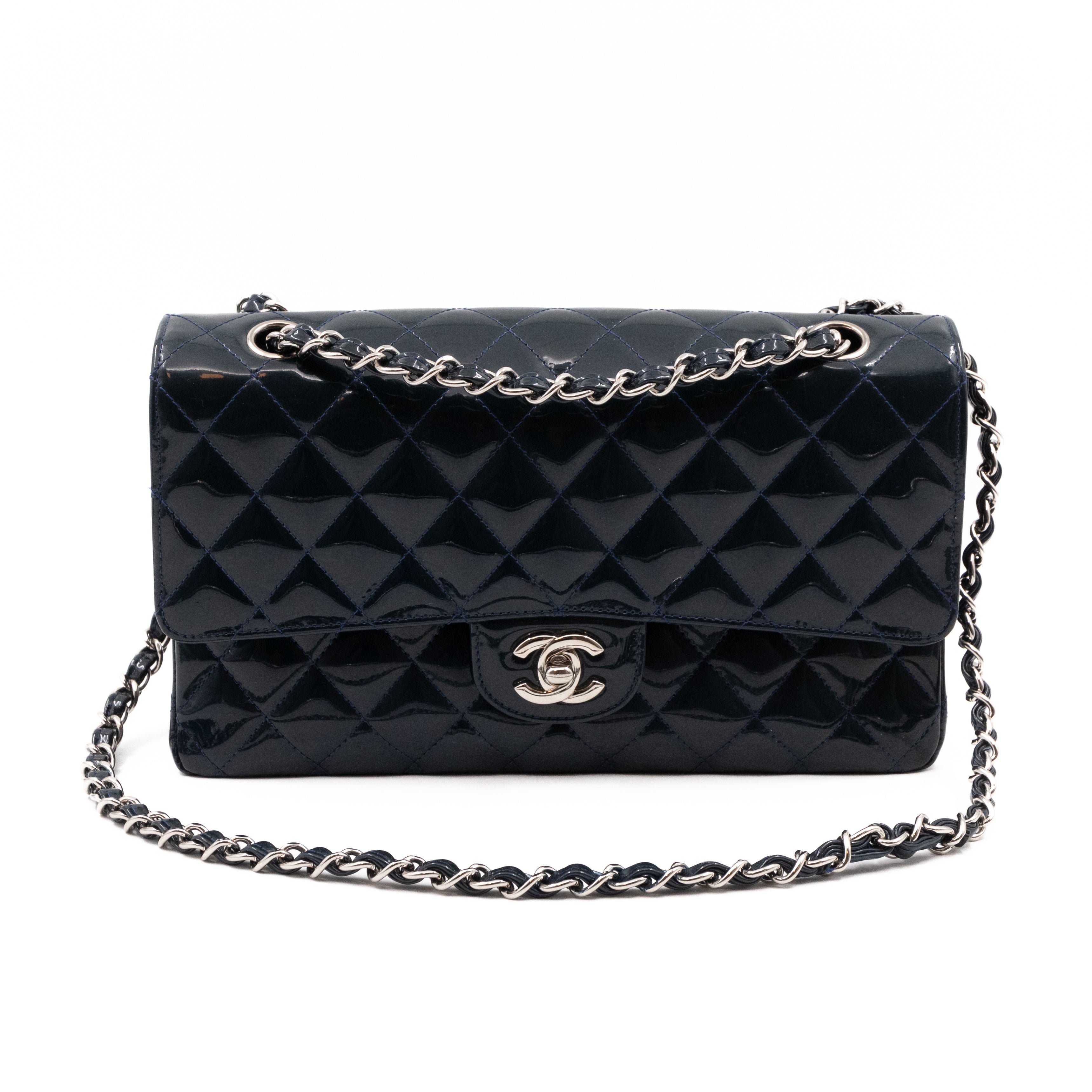 Classic Double Flap Bag Medium Navy Blue Patent Leather Silver