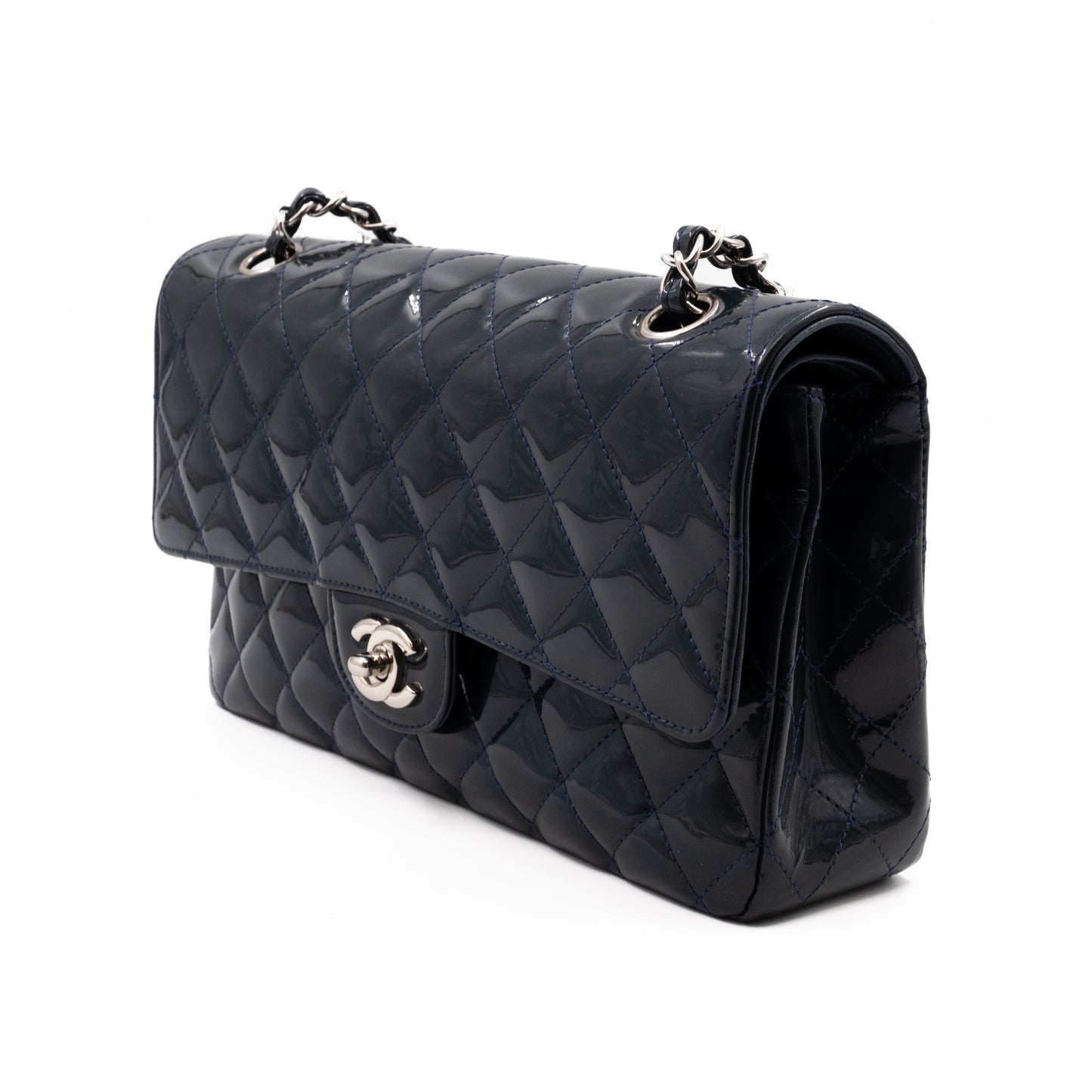 Classic Double Flap Bag Medium Navy Blue Patent Leather Silver