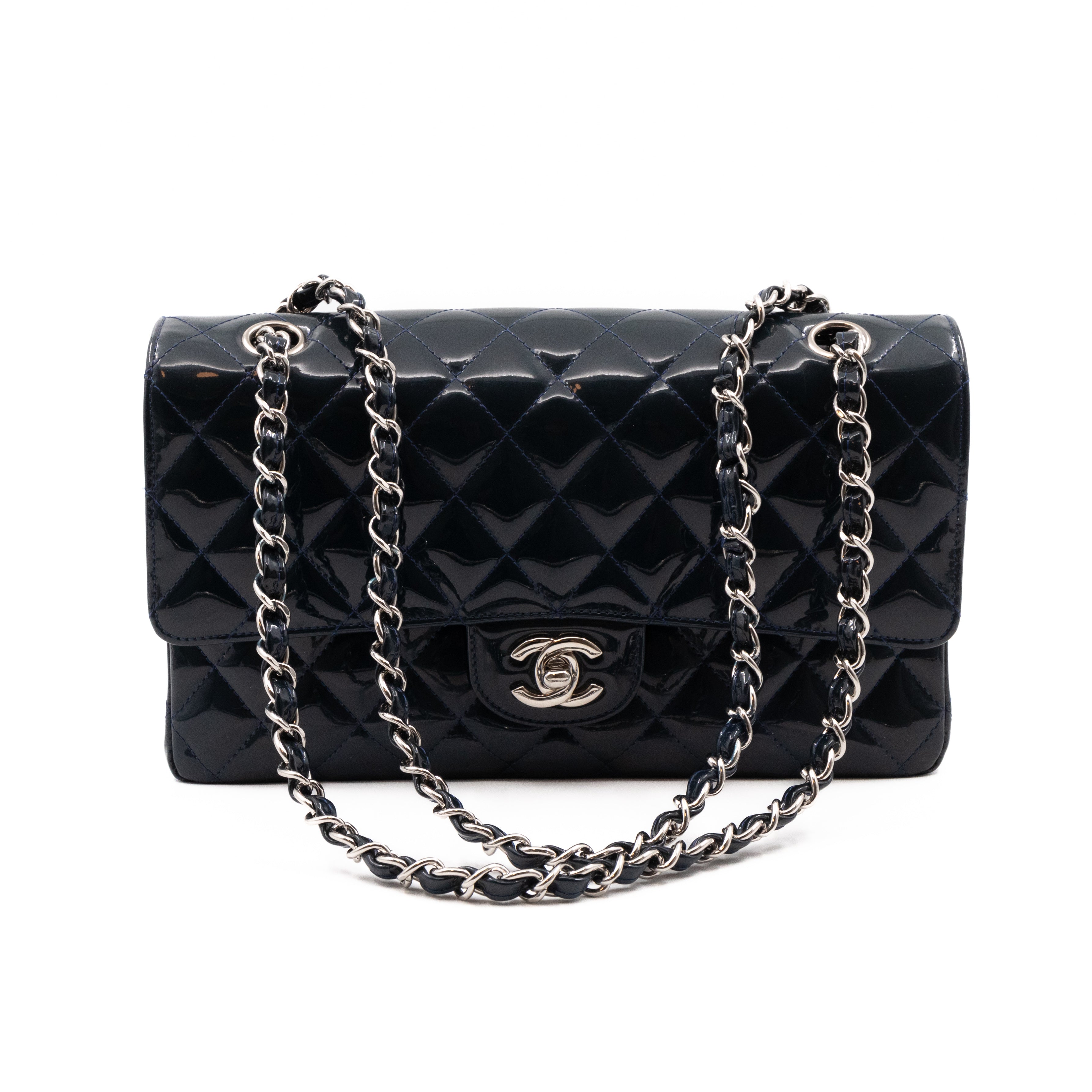 Classic Double Flap Bag Medium Navy Blue Patent Leather Silver