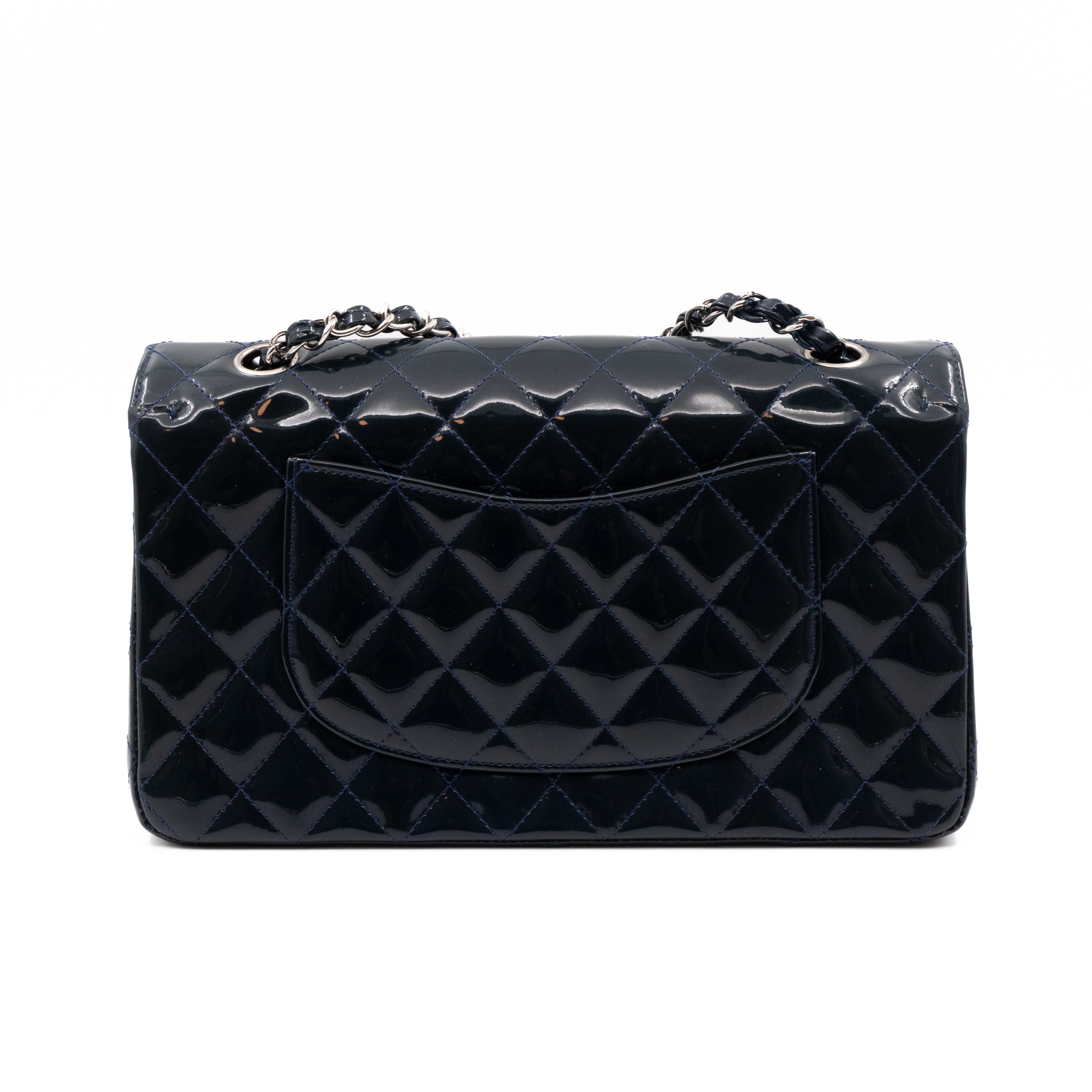 Classic Double Flap Bag Medium Navy Blue Patent Leather Silver