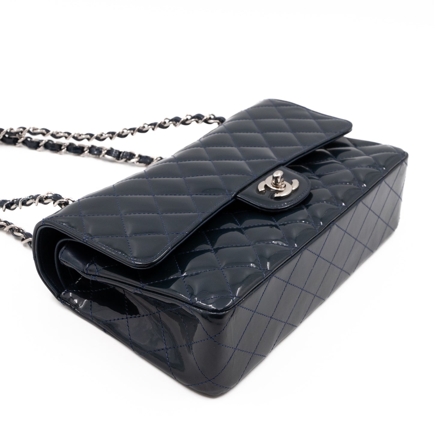 Classic Double Flap Bag Medium Navy Blue Patent Leather Silver