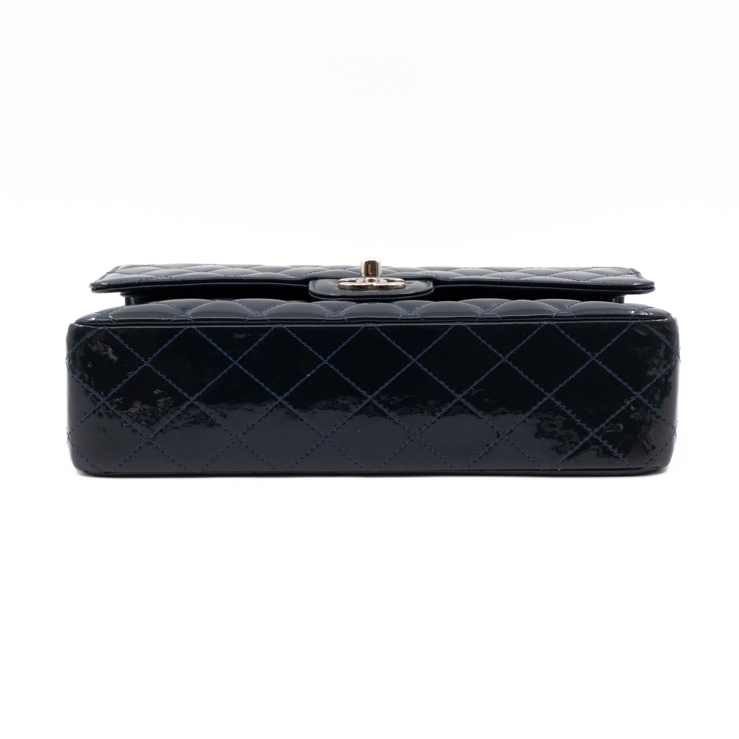 Classic Double Flap Bag Medium Navy Blue Patent Leather Silver