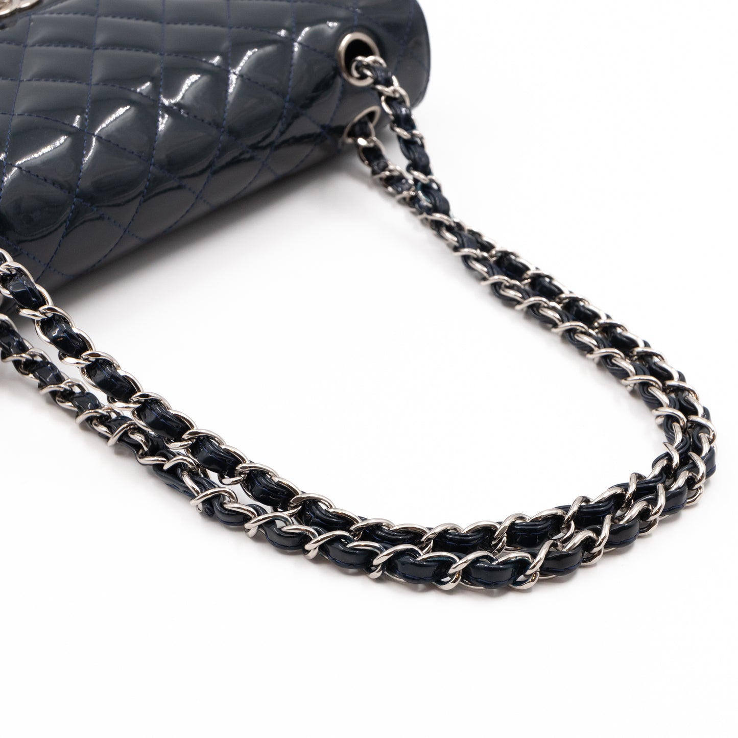 Classic Double Flap Bag Medium Navy Blue Patent Leather Silver