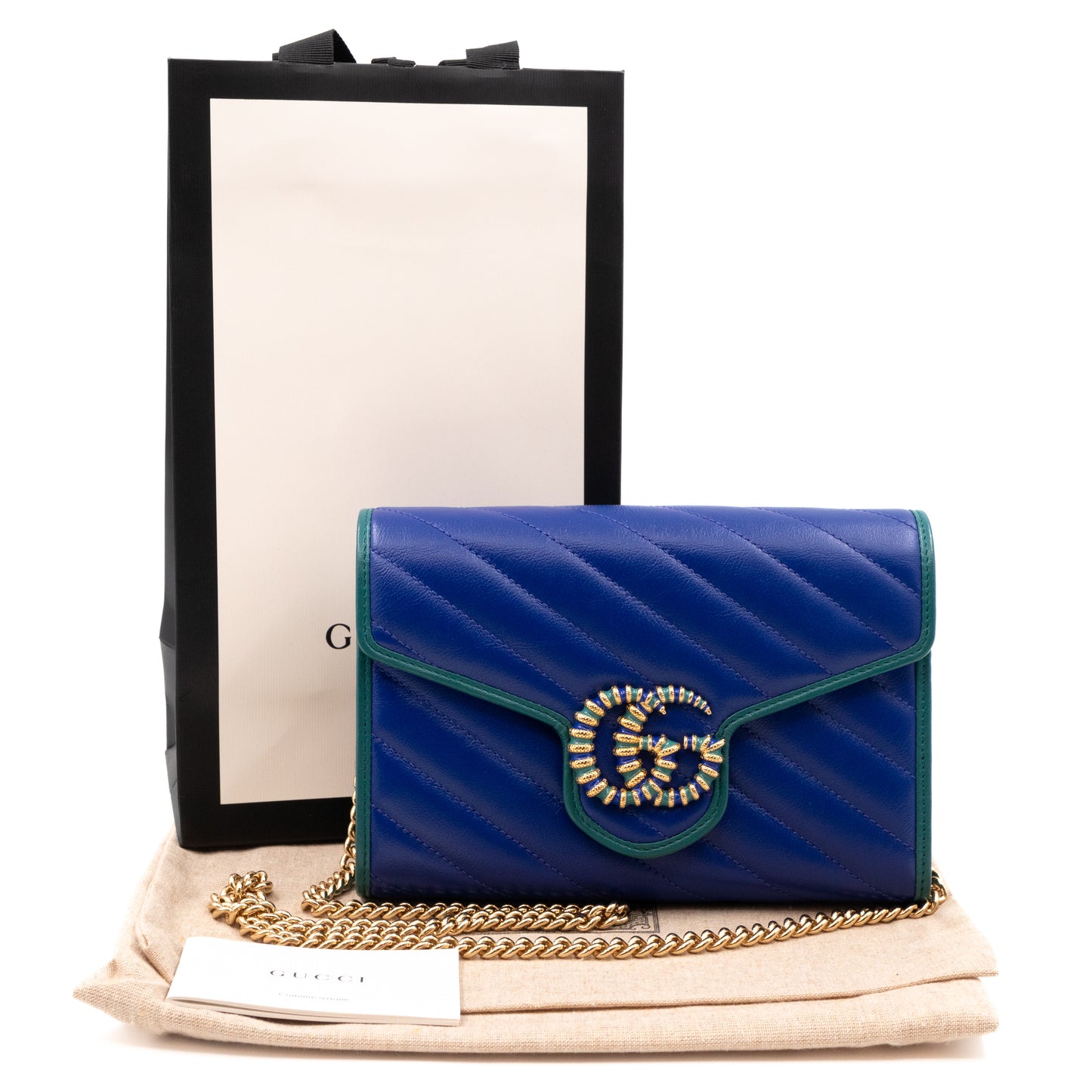 GG Marmont Diagonal Matelassé Chain Wallet Blue Leather