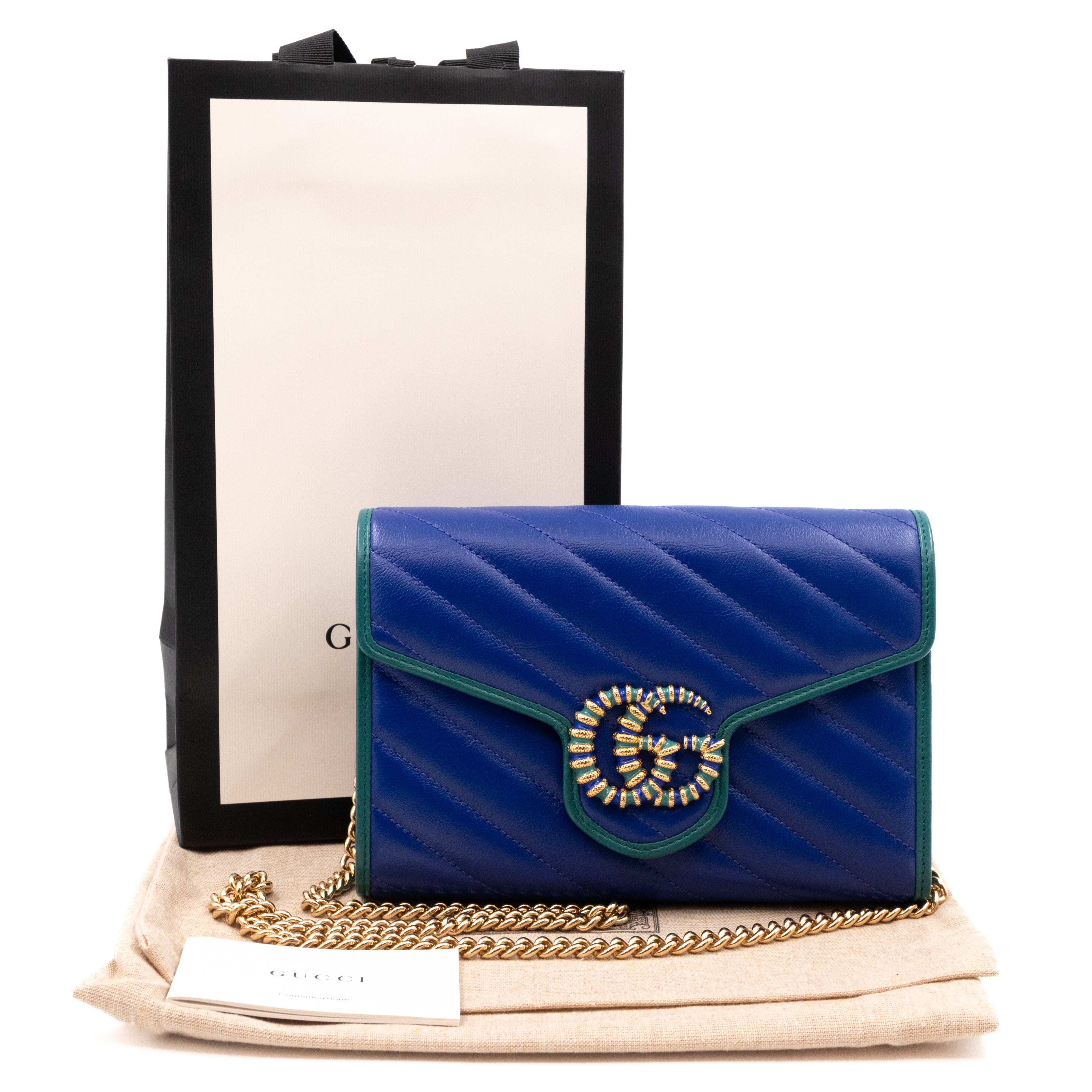 GG Marmont Flap Diagonal Matelassé Chain Wallet Blue Leather