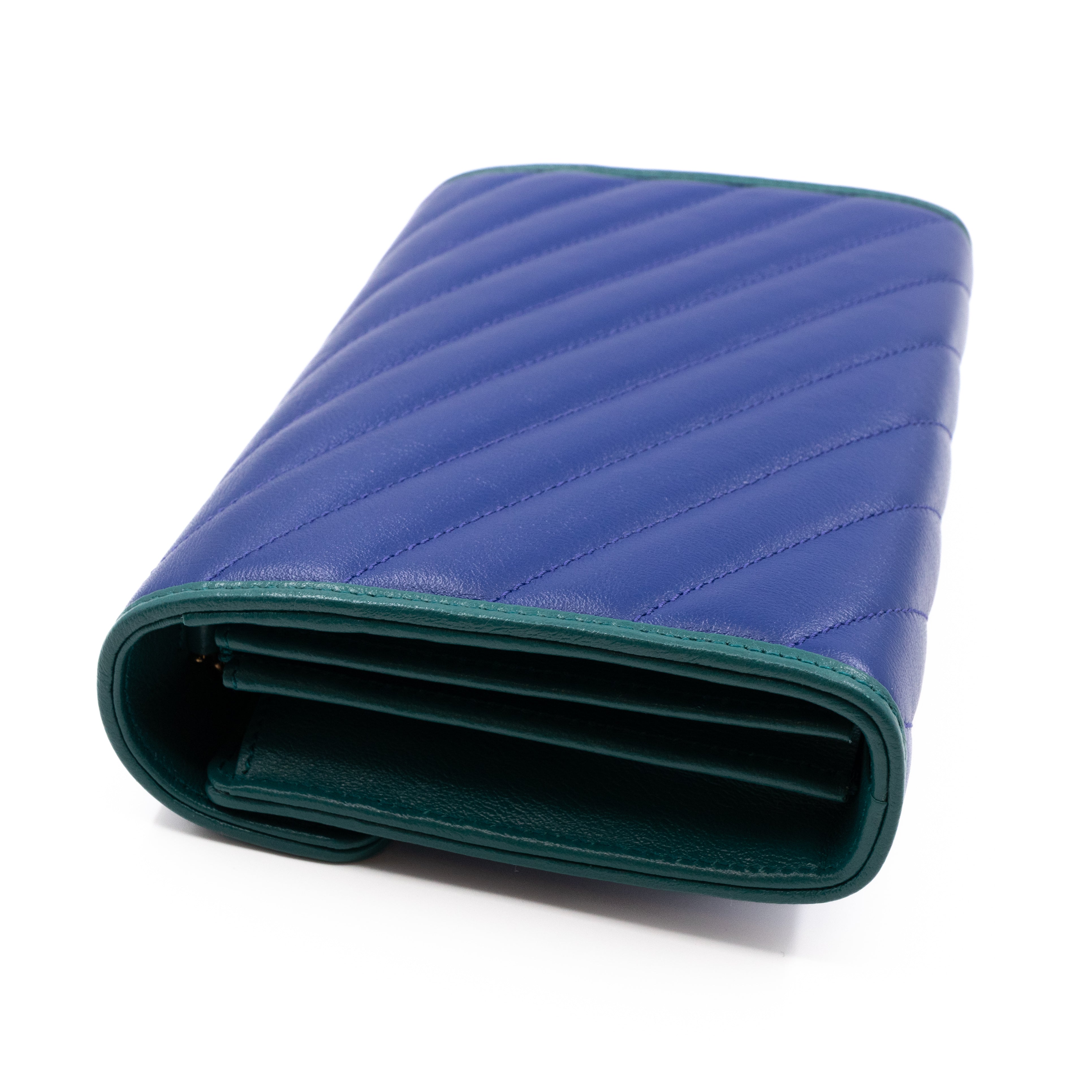 GG Marmont Flap Diagonal Matelassé Chain Wallet Blue Leather