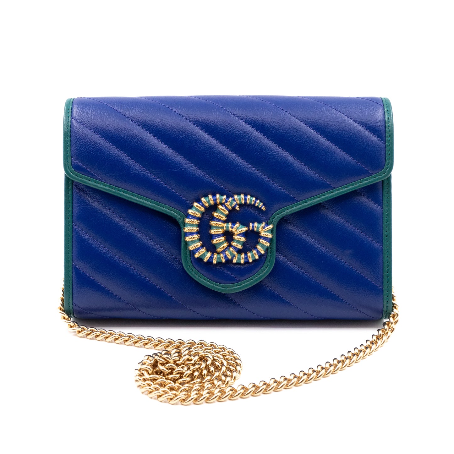 GG Marmont Diagonal Matelassé Chain Wallet Blue Leather