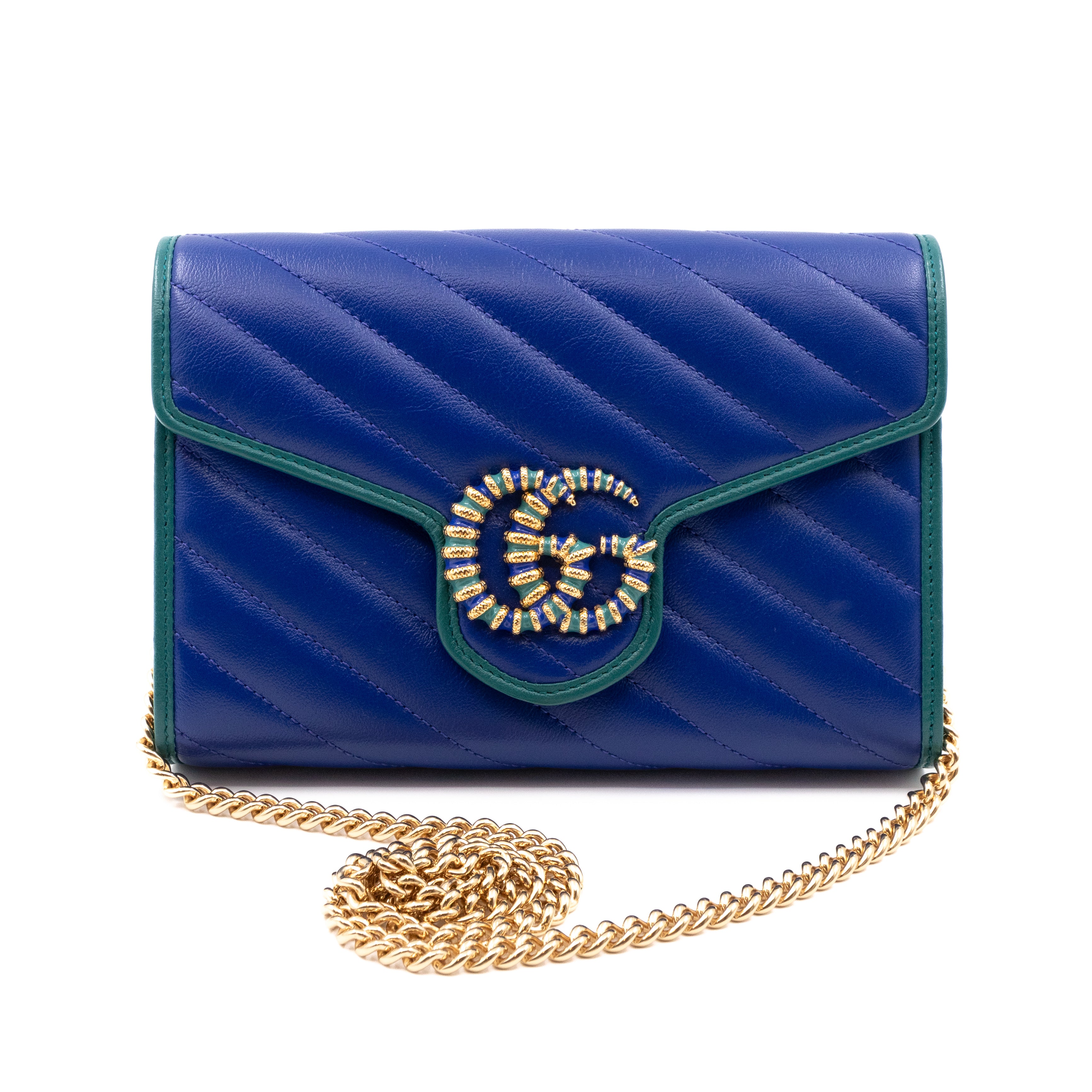 GG Marmont Flap Diagonal Matelassé Chain Wallet Blue Leather