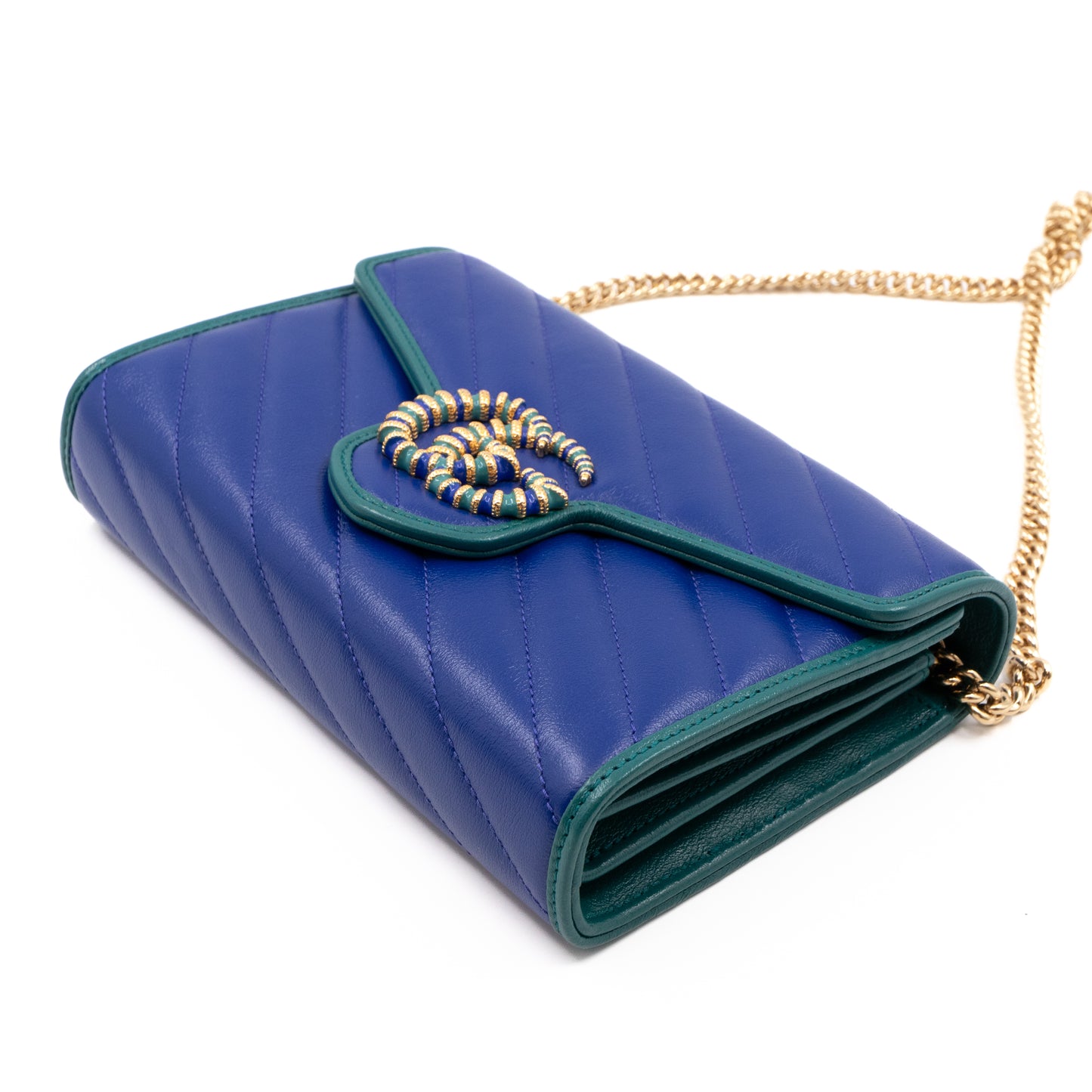GG Marmont Diagonal Matelassé Chain Wallet Blue Leather