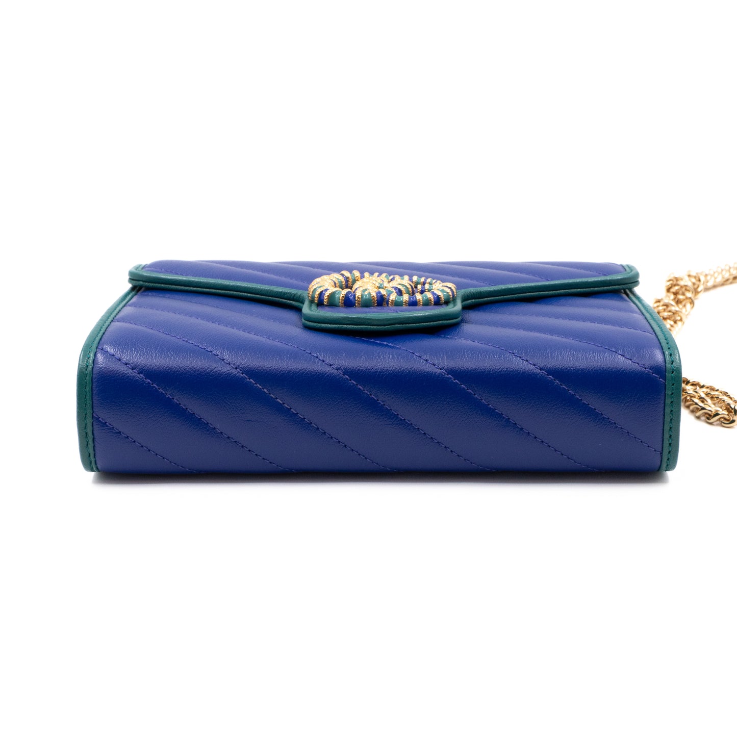 GG Marmont Diagonal Matelassé Chain Wallet Blue Leather