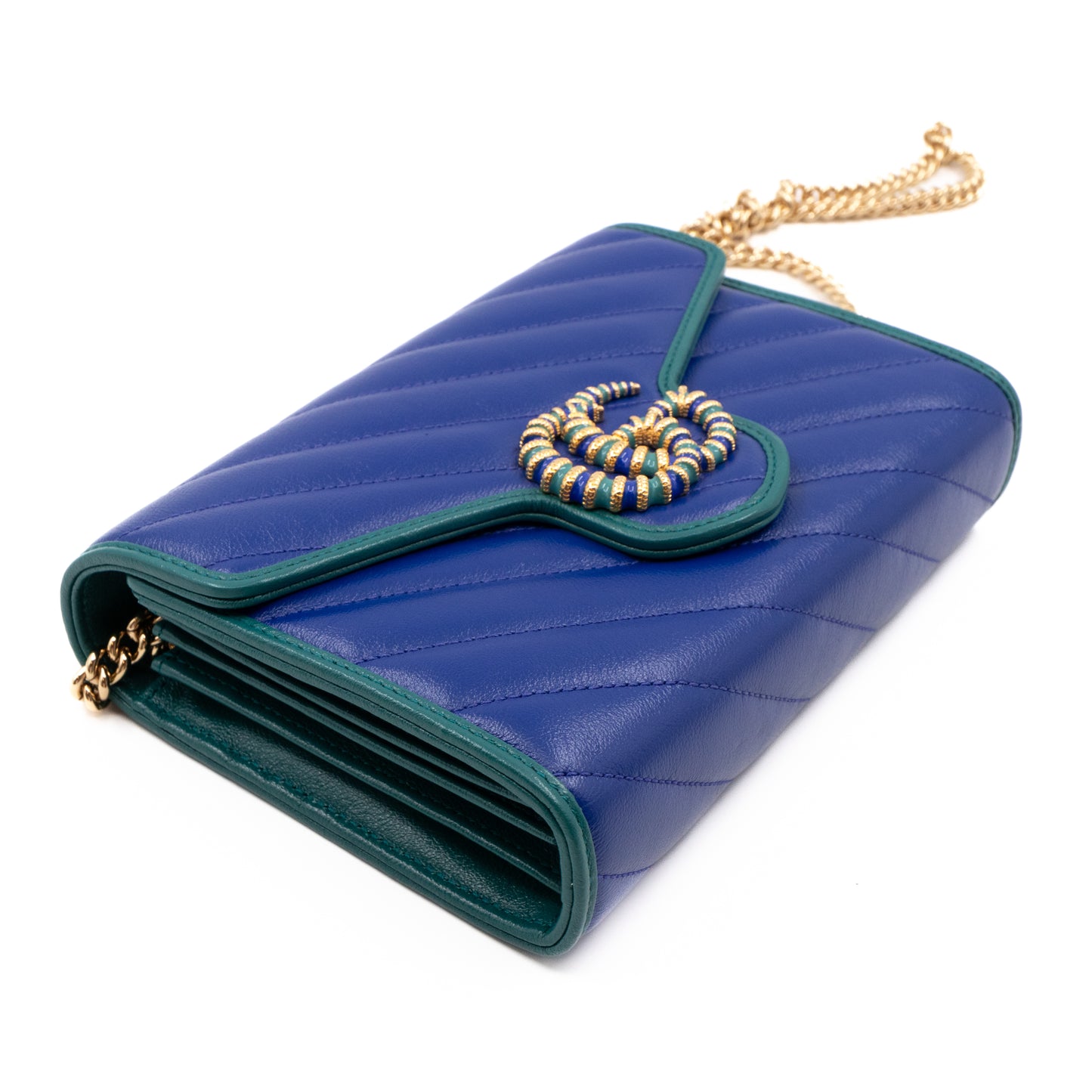 GG Marmont Diagonal Matelassé Chain Wallet Blue Leather