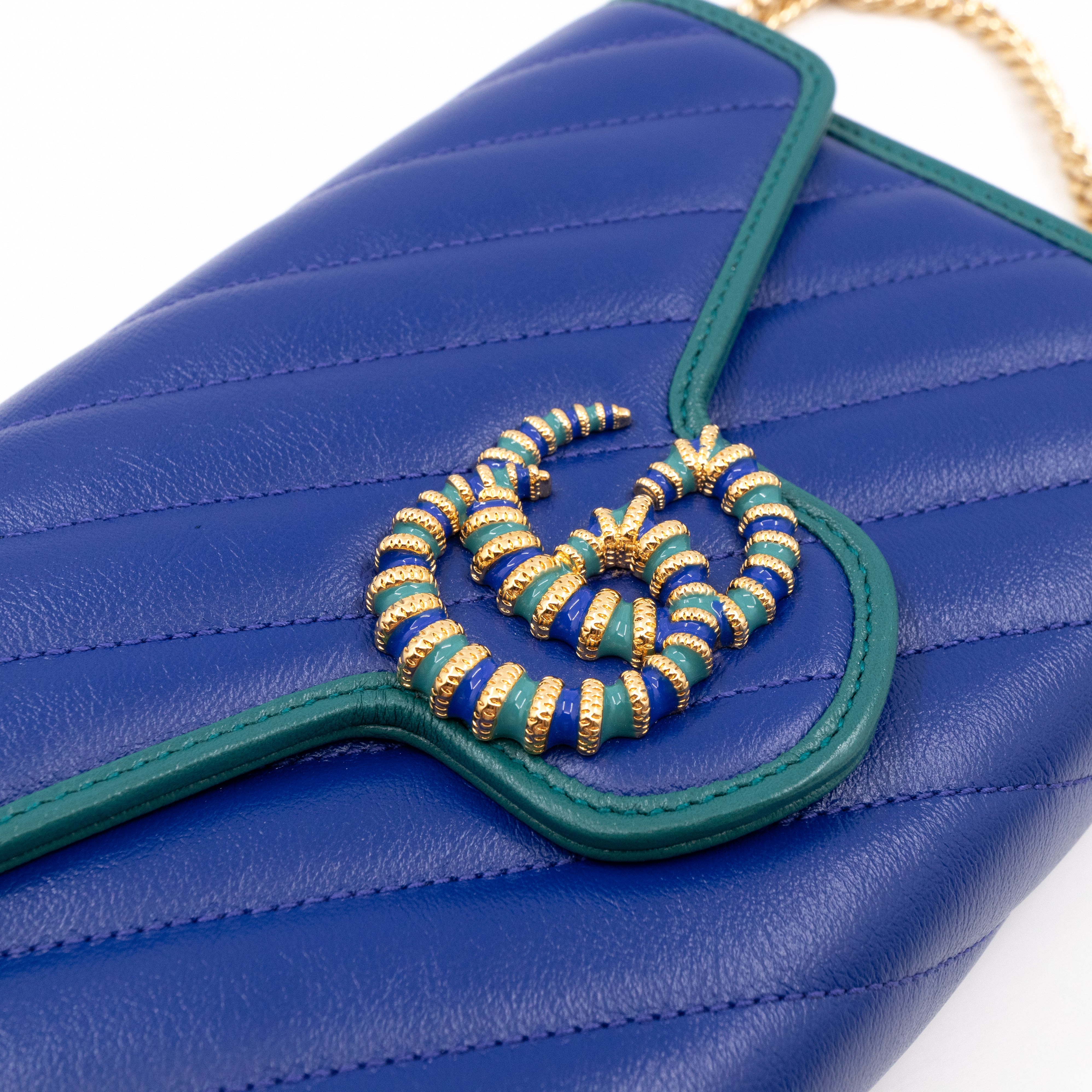 GG Marmont Flap Diagonal Matelassé Chain Wallet Blue Leather