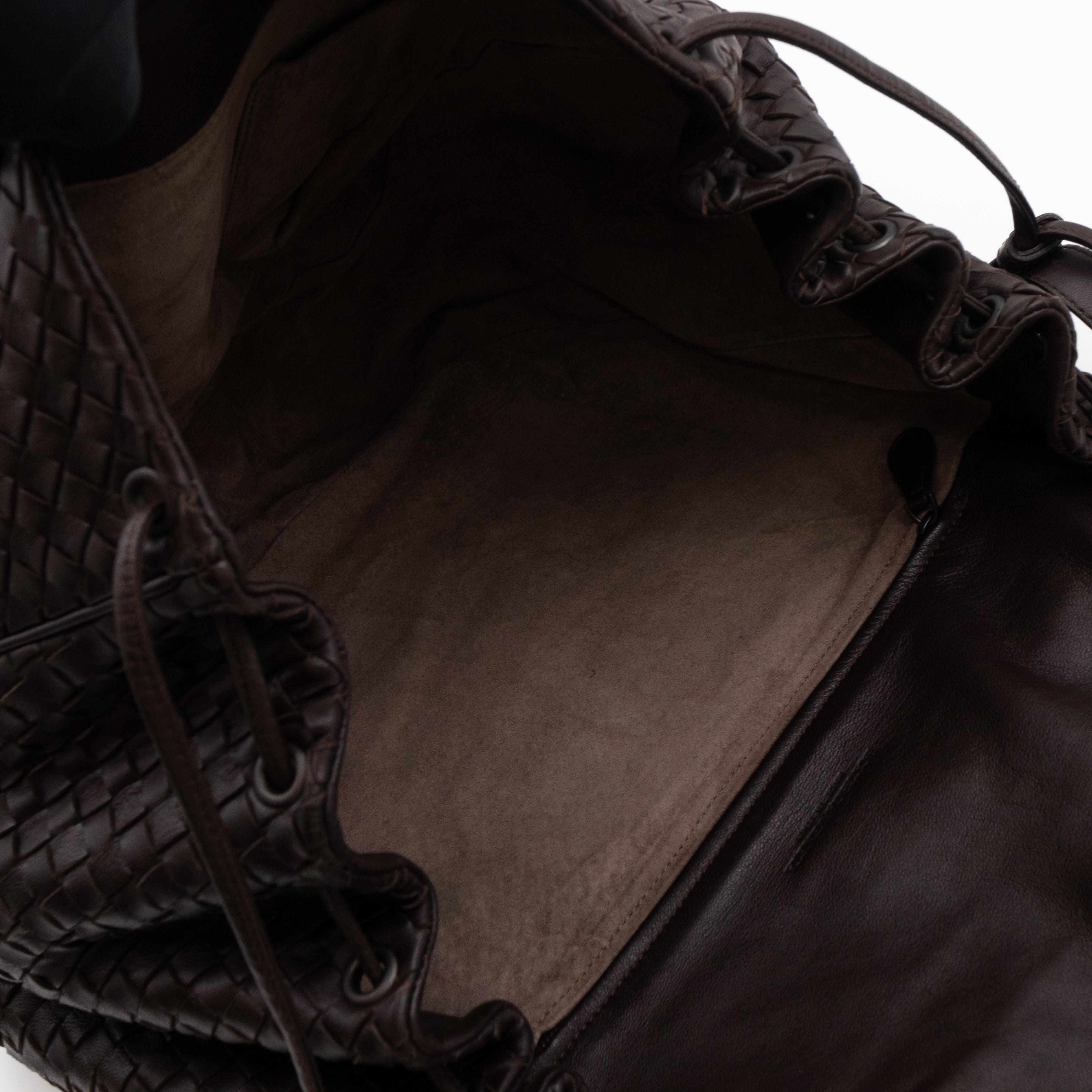 Large Drawstring Flap Crossbody Bag Intrecciato Dark Brown Leather