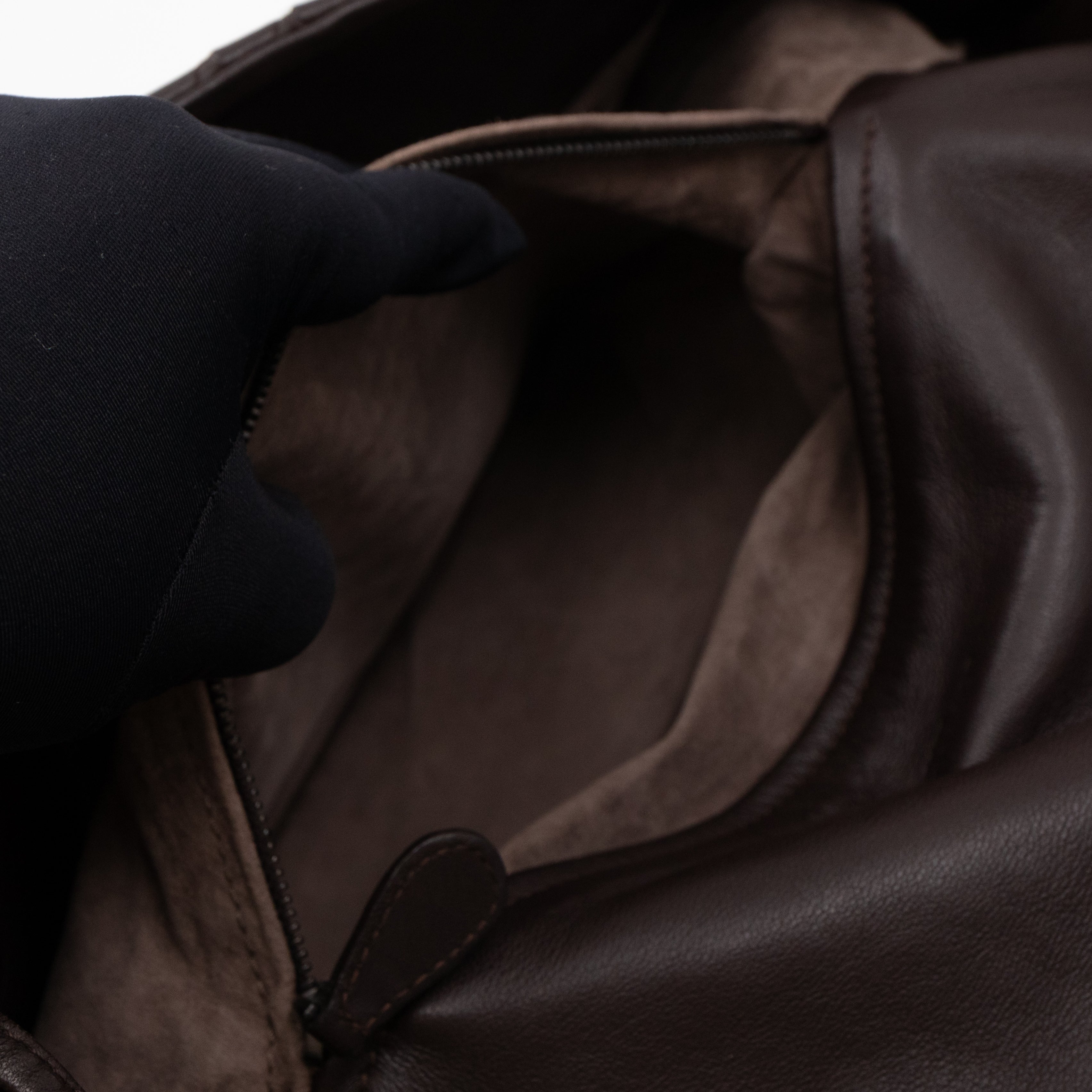 Large Drawstring Flap Crossbody Bag Intrecciato Dark Brown Leather