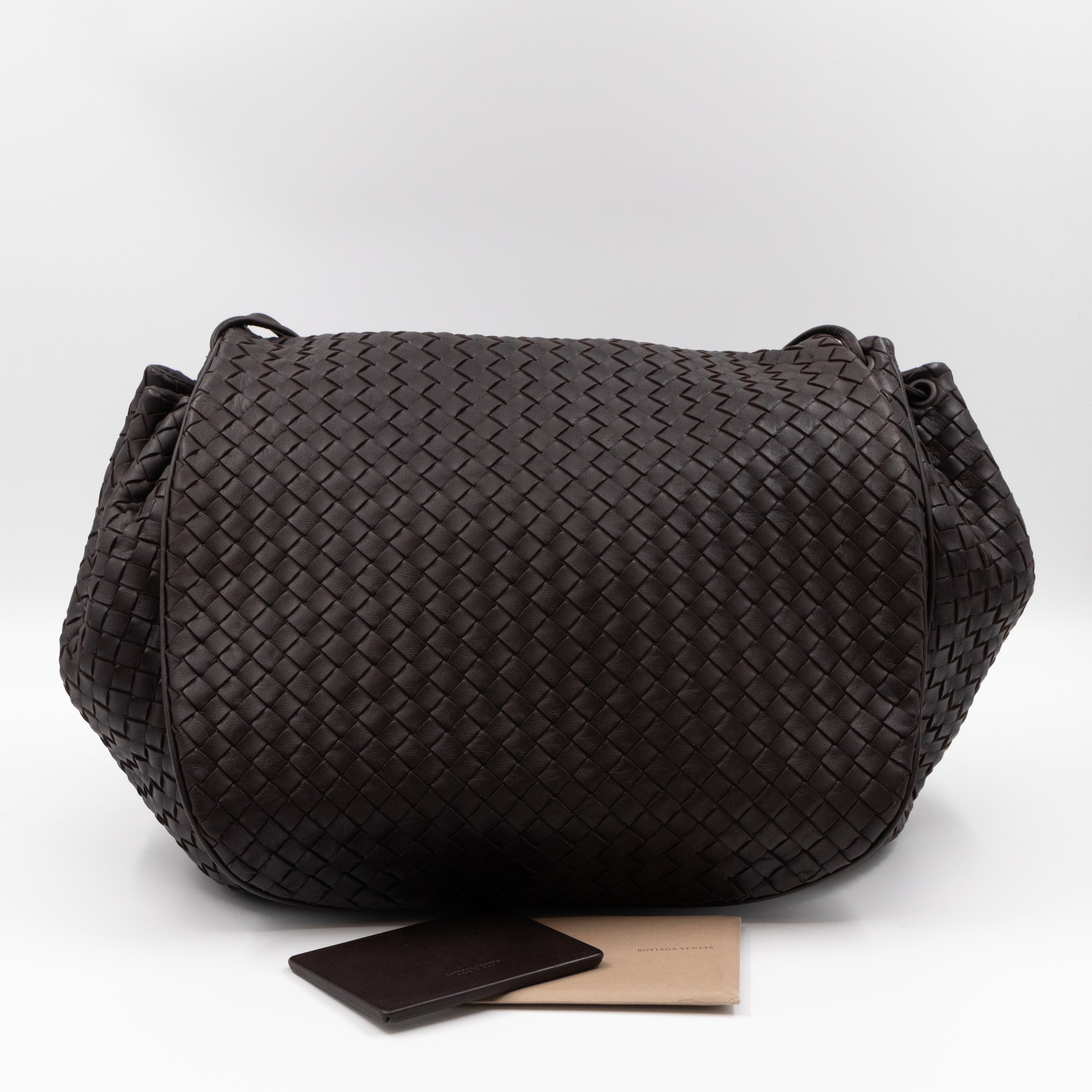 Large Drawstring Flap Crossbody Bag Intrecciato Dark Brown Leather