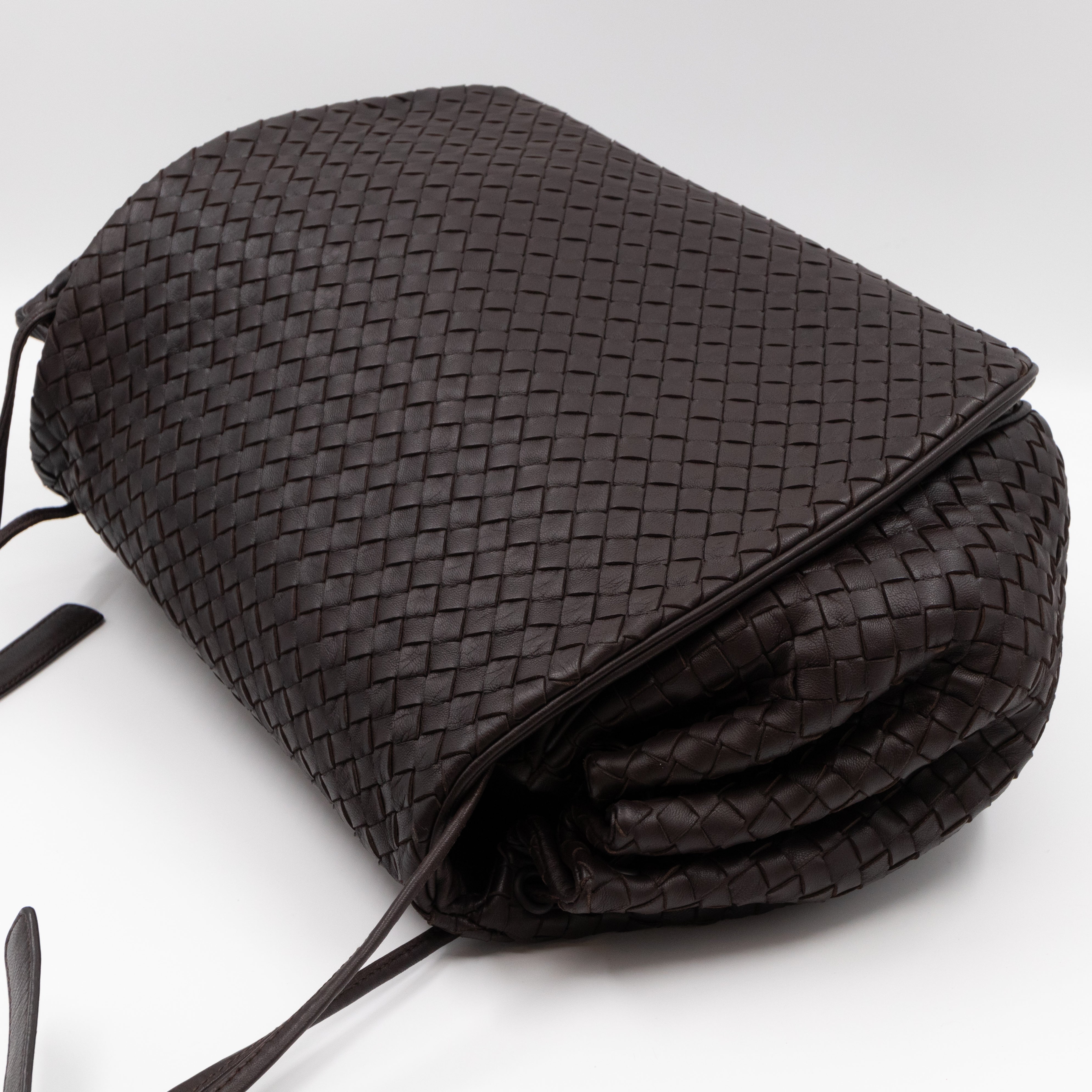 Large Drawstring Flap Crossbody Bag Intrecciato Dark Brown Leather