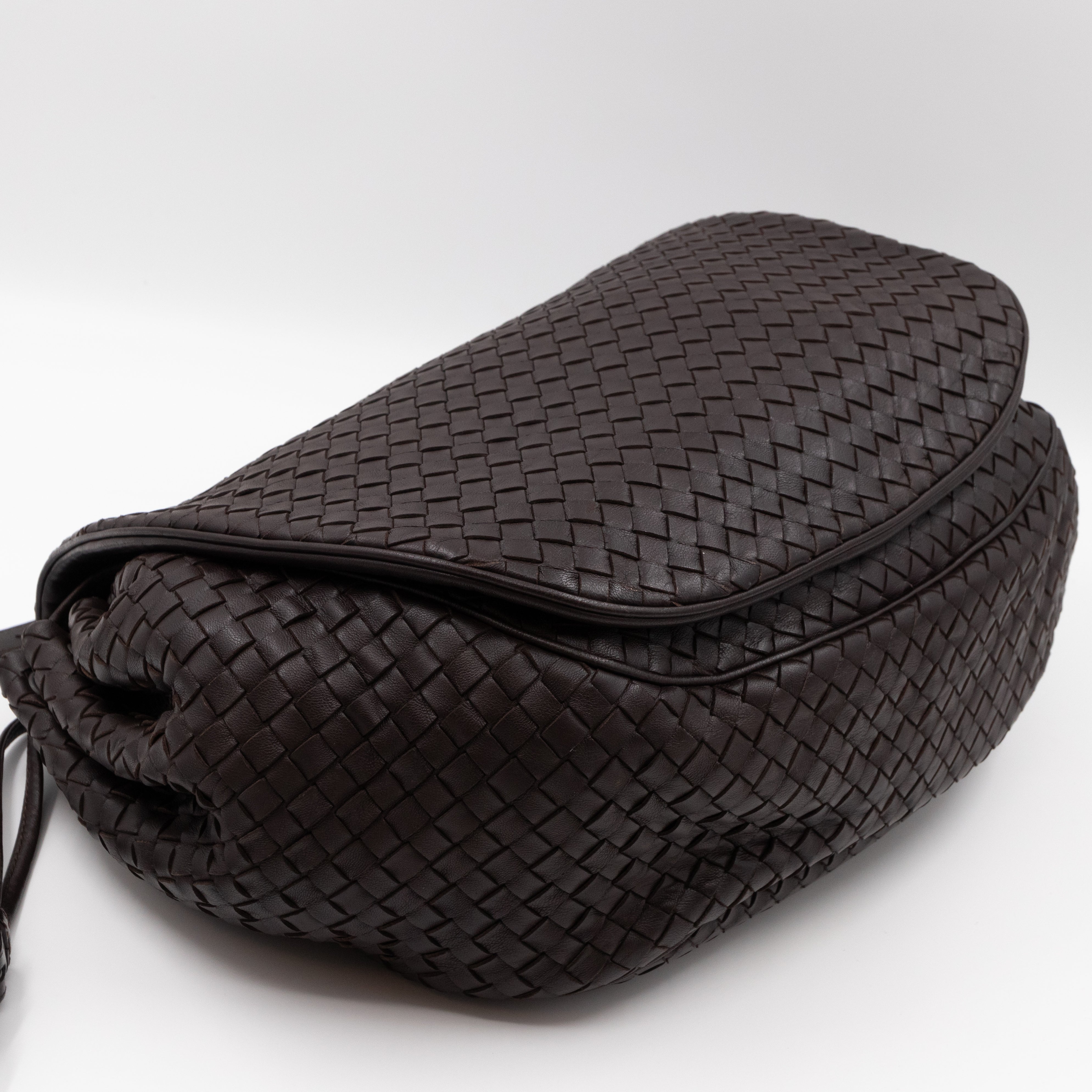 Large Drawstring Flap Crossbody Bag Intrecciato Dark Brown Leather